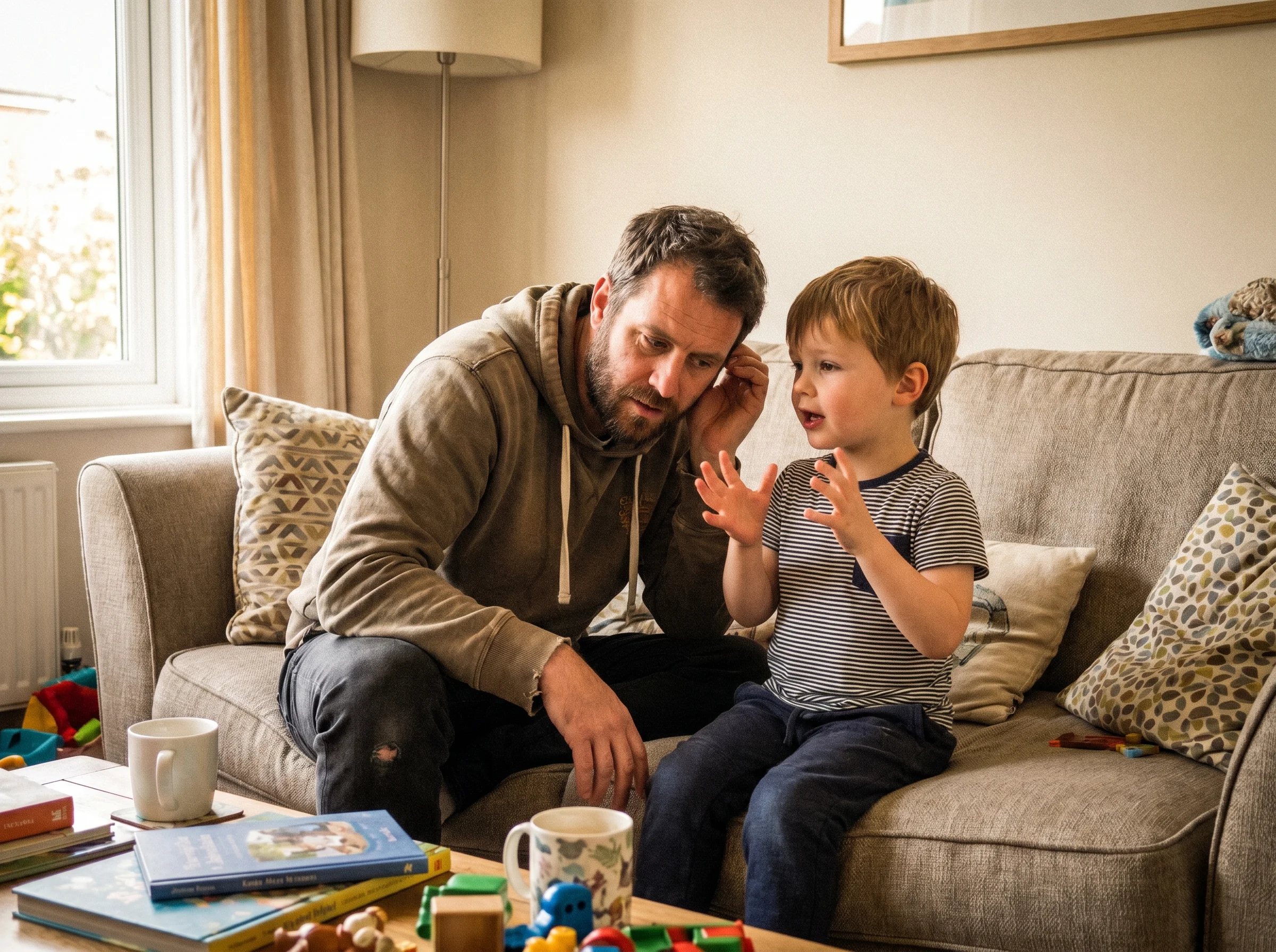 A dad leaning in close, listening intently to his son who is gesturing while talking, both sitting on a living room couch, ca