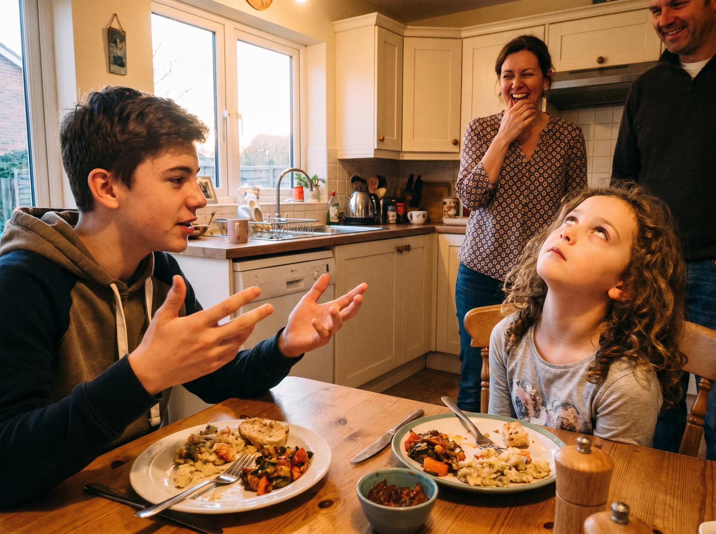 A family of four around a dinner table, the youngest sibling rolling her eyes dramatically while her older brother talks, mom