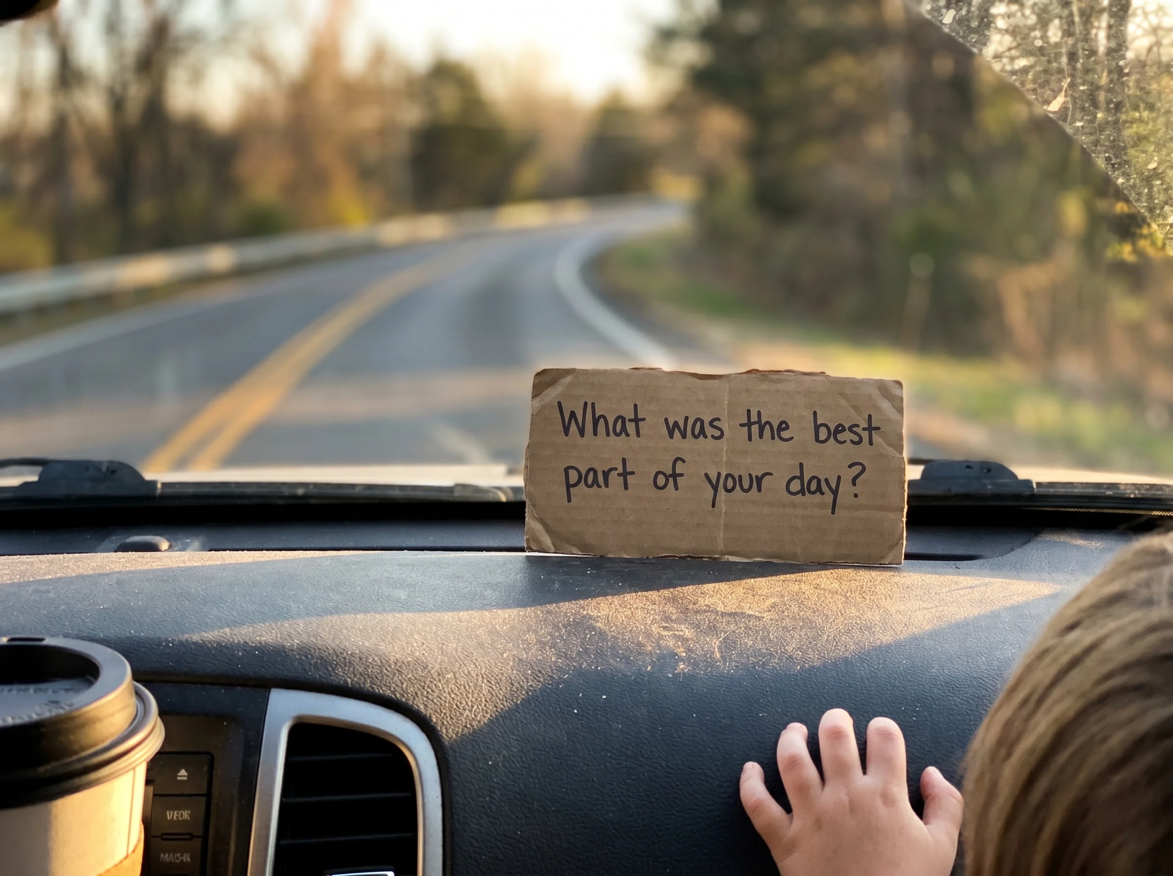 A single conversation card resting on a car dashboard with the road blurred ahead through the windshield, late afternoon ligh