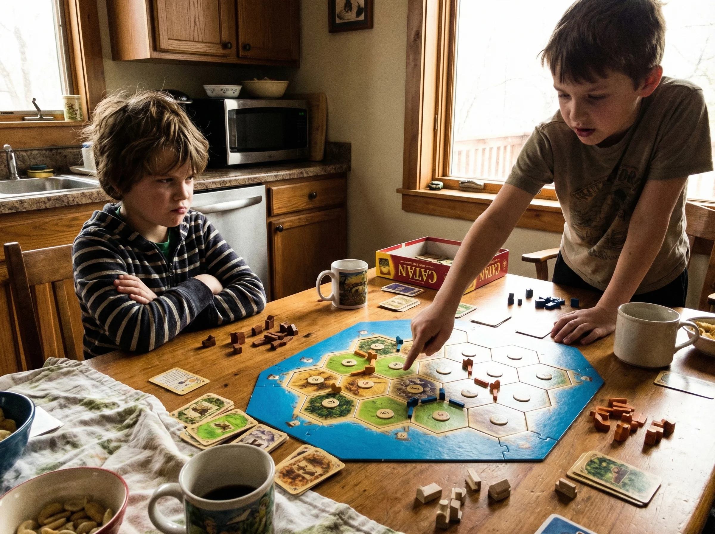 Kitchen table with a board game set up, one child with arms crossed looking frustrated while another points aggressively at t