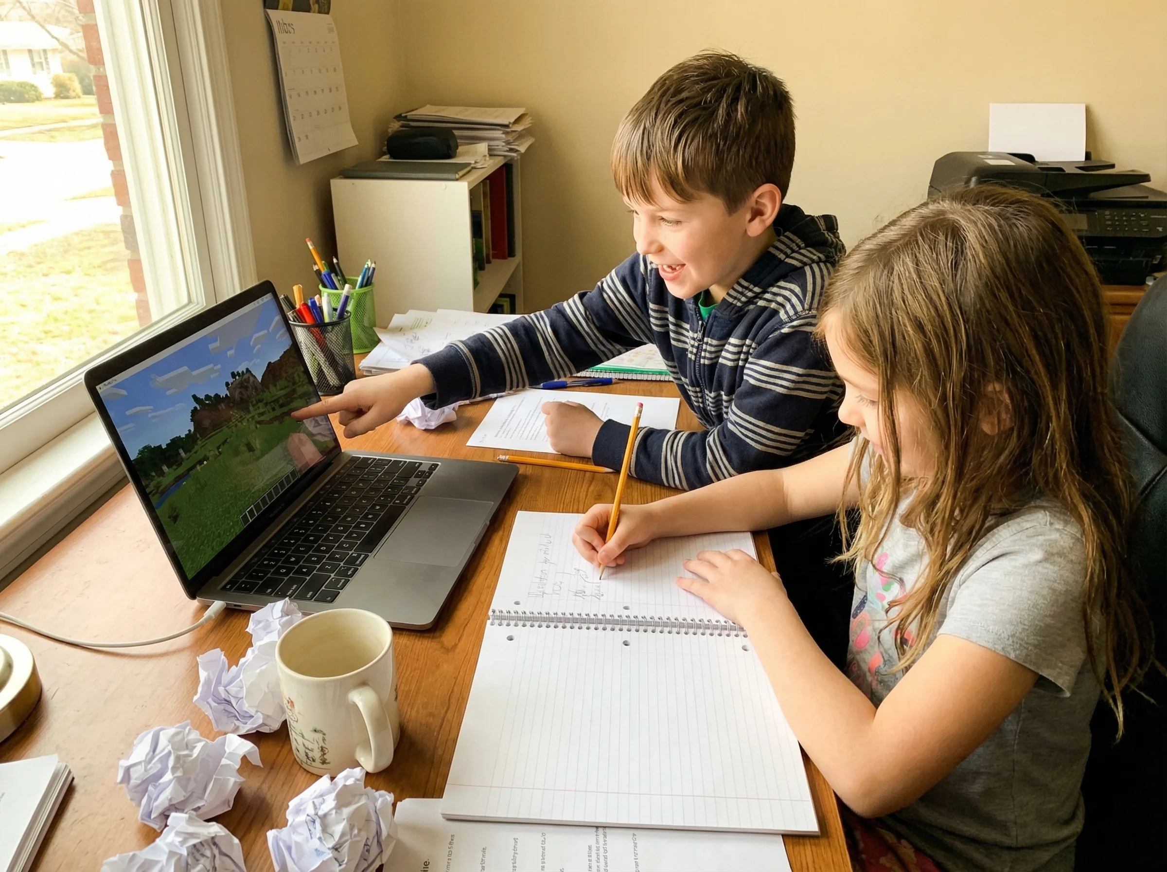 Two kids at a computer desk, one pointing at a Minecraft screen while the other takes notes on paper, planning their shared w