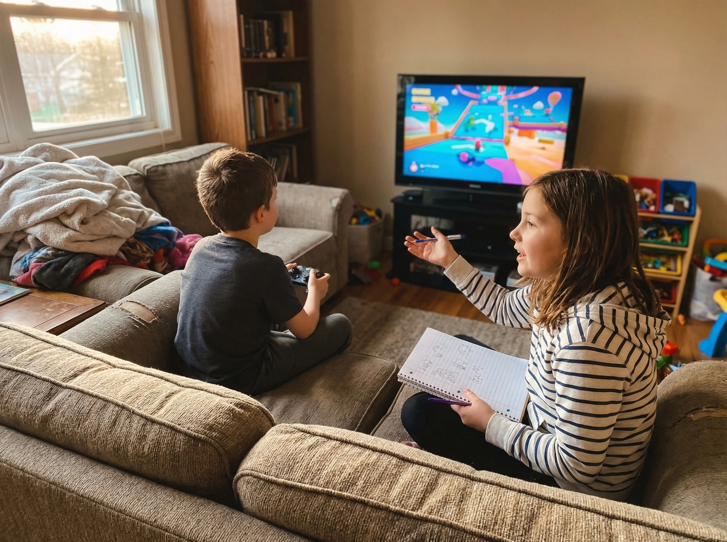 Living room couch with one child playing a video game while their sibling sits beside them with a notebook, drawing diagrams