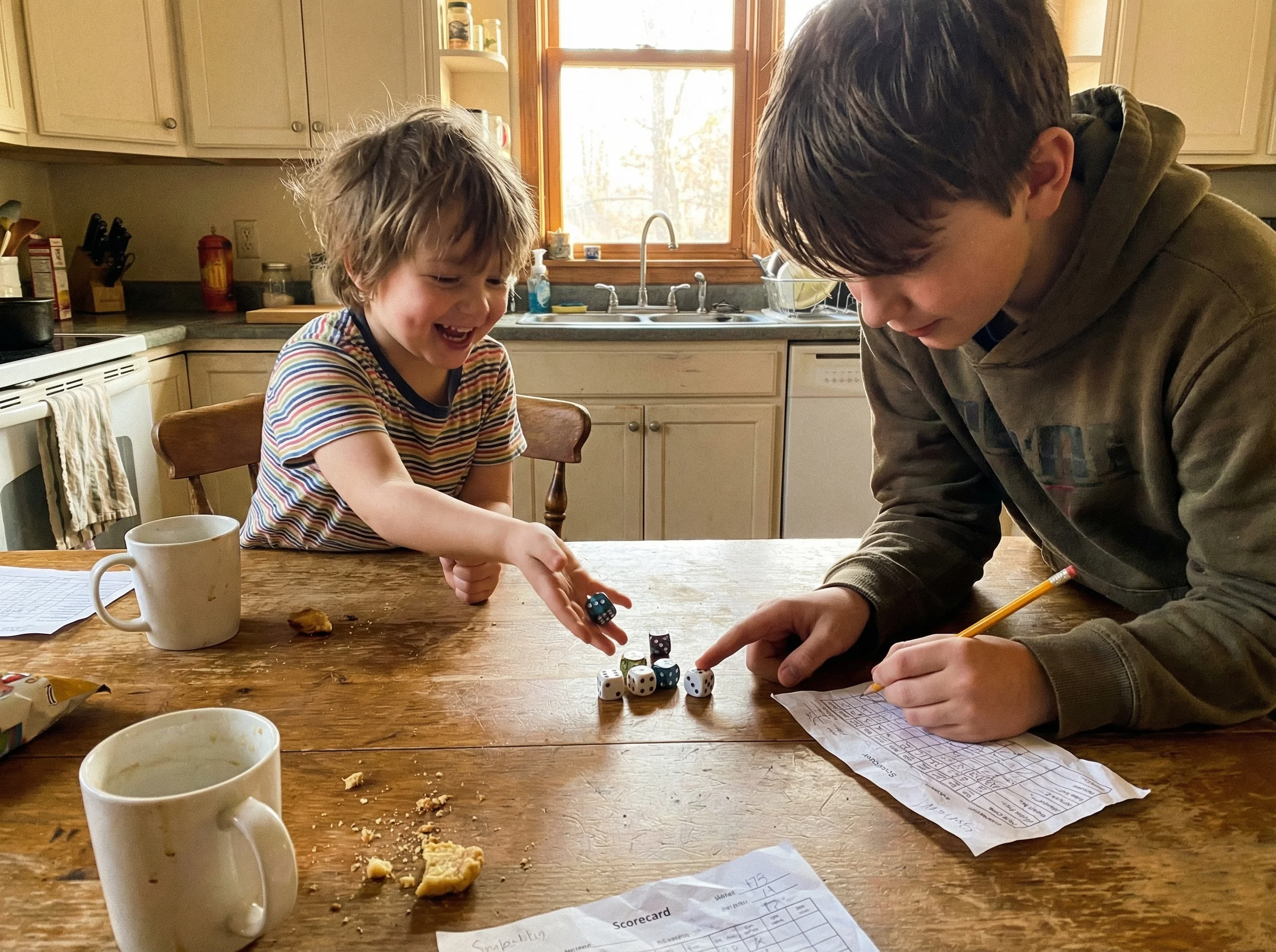 Kitchen table with dice and scorecards, younger child excitedly rolling dice while older sibling helps count the dots and wri