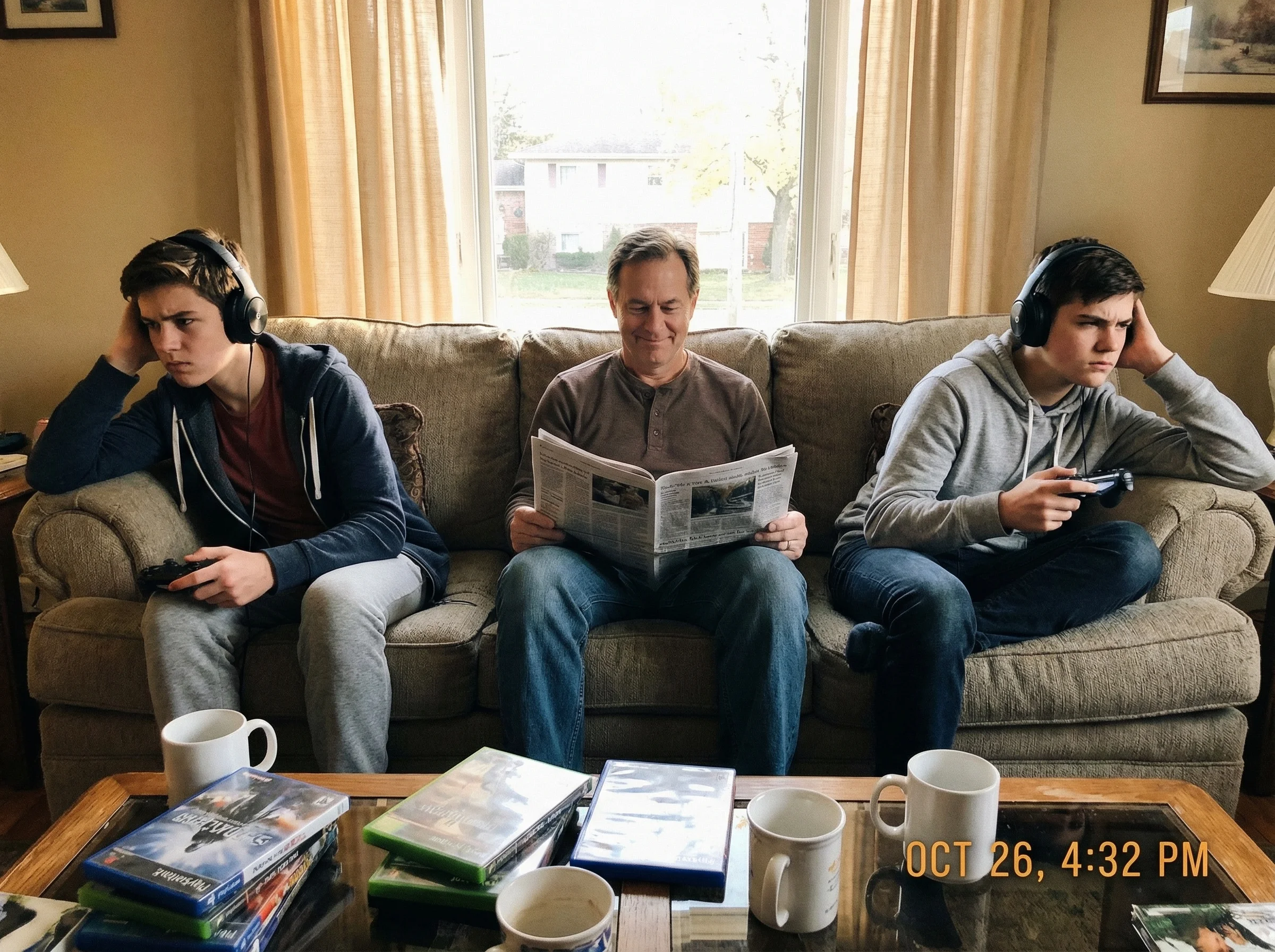 Two siblings sitting on opposite ends of a couch, cooling down after a gaming disagreement, dad sitting between them with a c