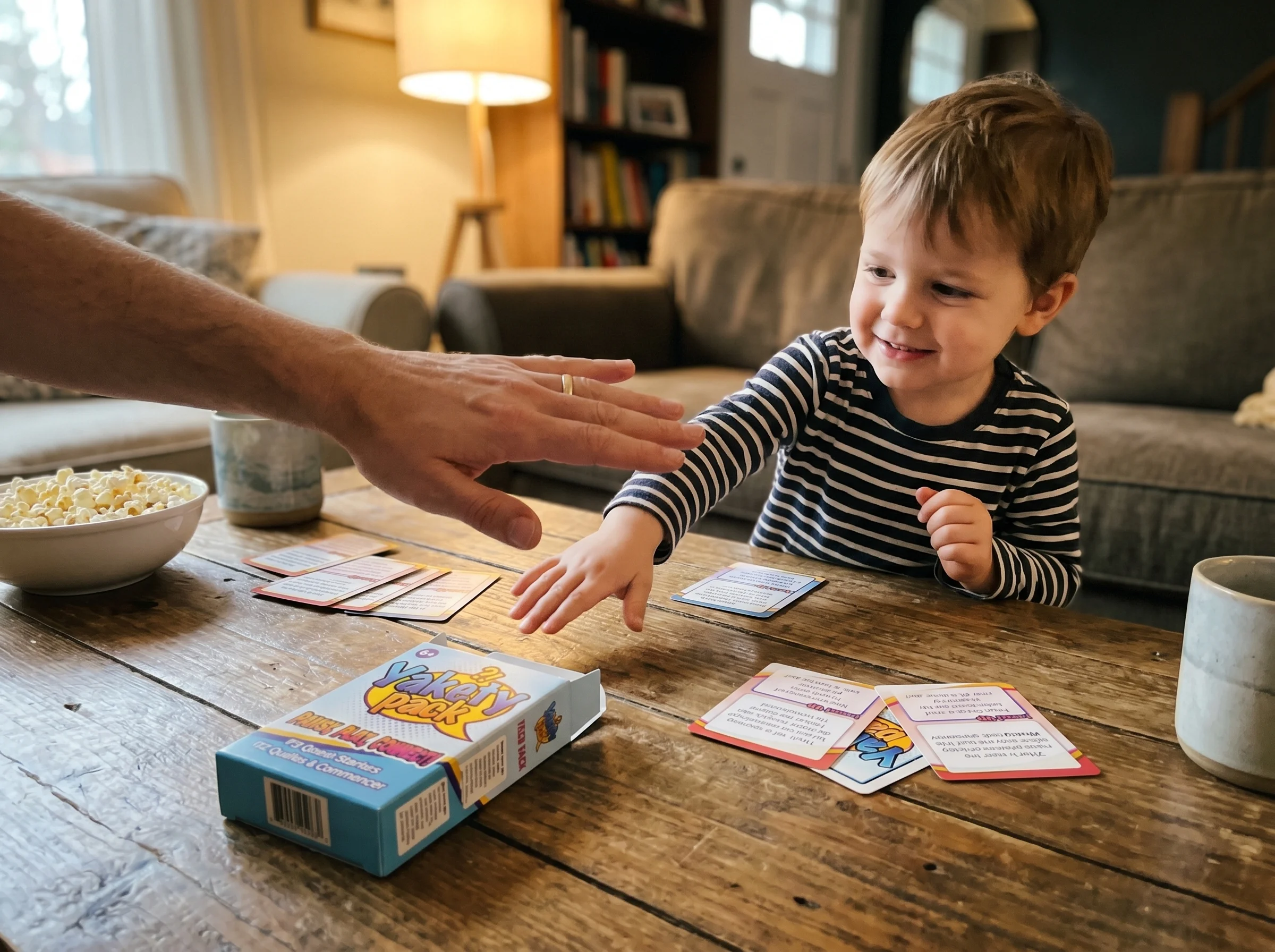 A parent's hand hovering over a child's playing cards on a wooden table, the child pulling back slightly, candid family game 