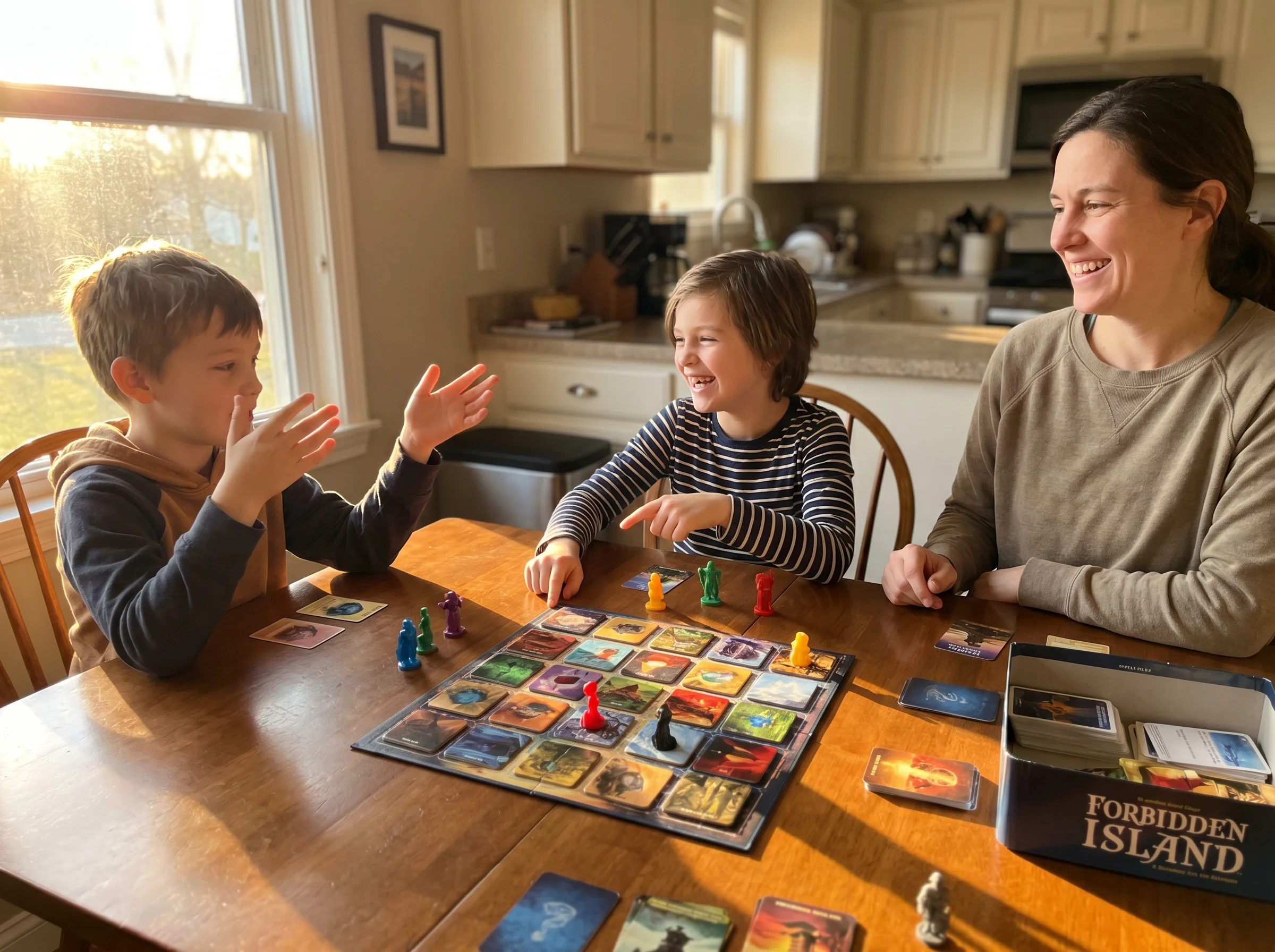 Two kids and a parent mid-game with Forbidden Island spread out, tiles arranged in a grid, kids gesturing and laughing, late 