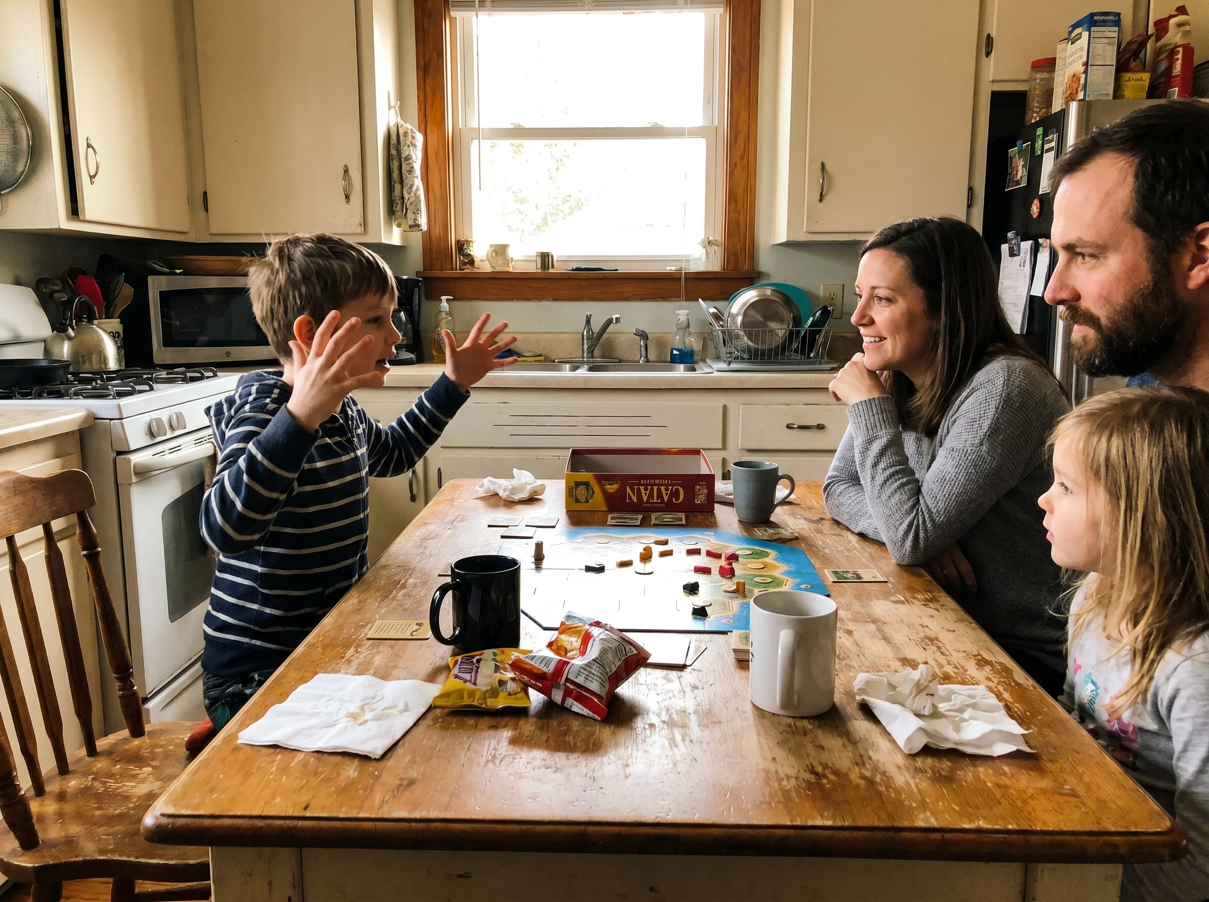 A family sitting around a kitchen table after a game, board still out, parent listening as a kid talks animatedly with hands 