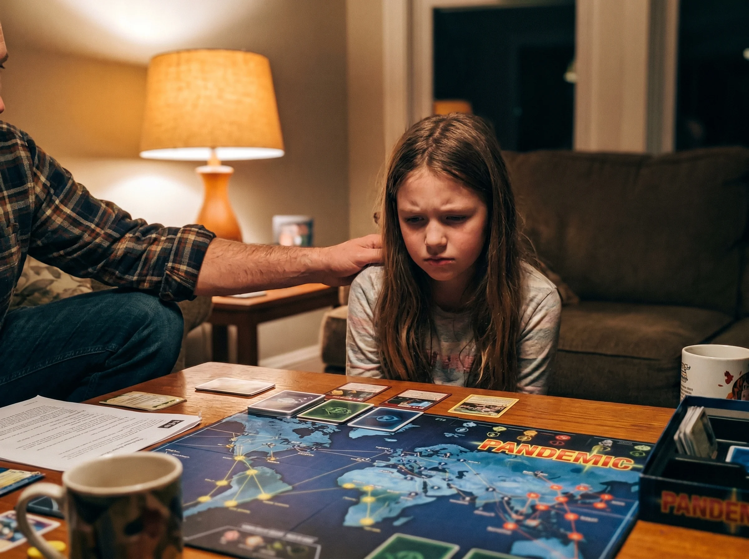 A young girl with a slightly disappointed expression looking down at a Pandemic board, dad's hand gently on her shoulder, sof