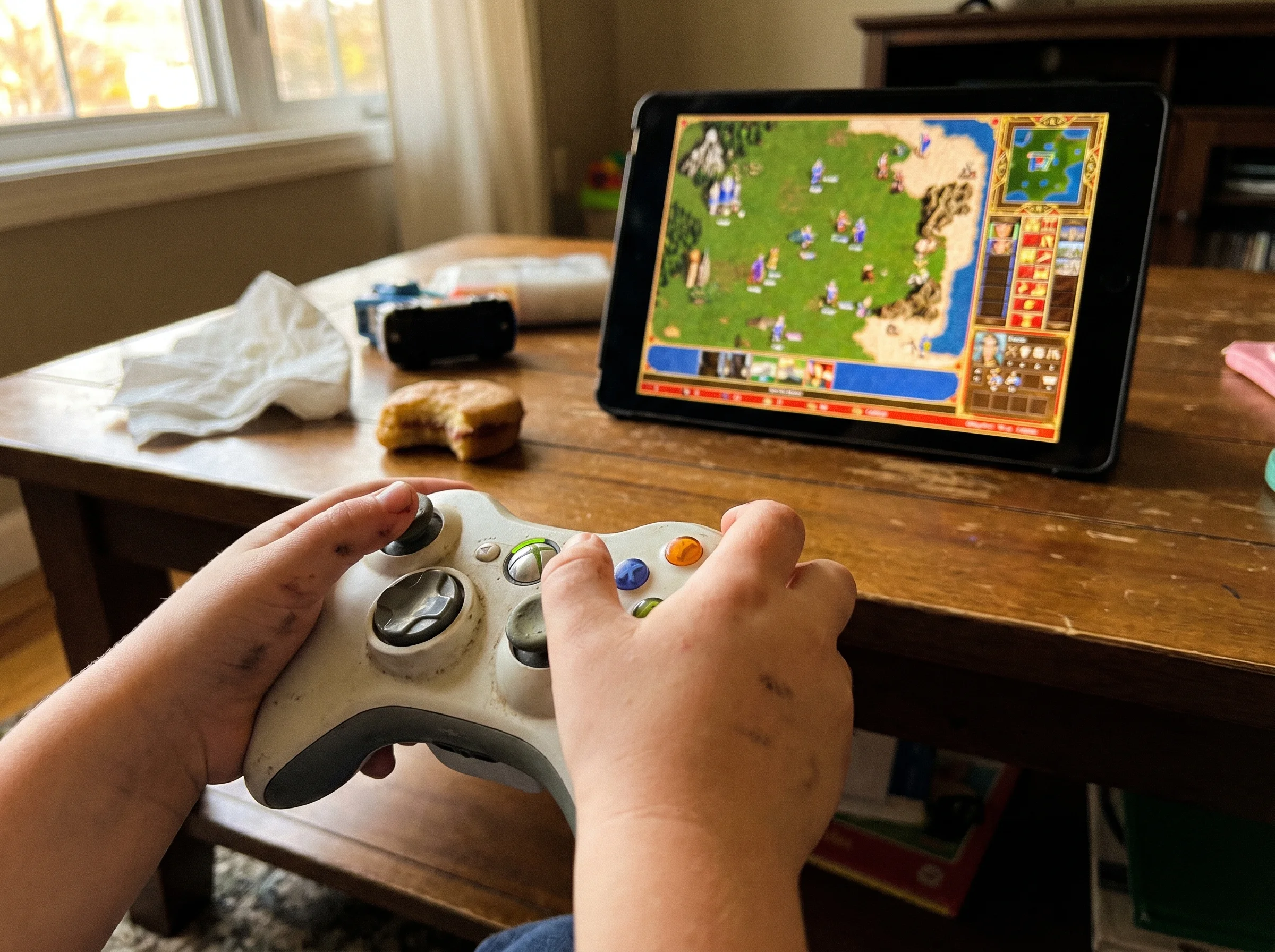 A kid's hands on a game controller with a tablet screen showing a strategy game in the background, slightly blurred, captured