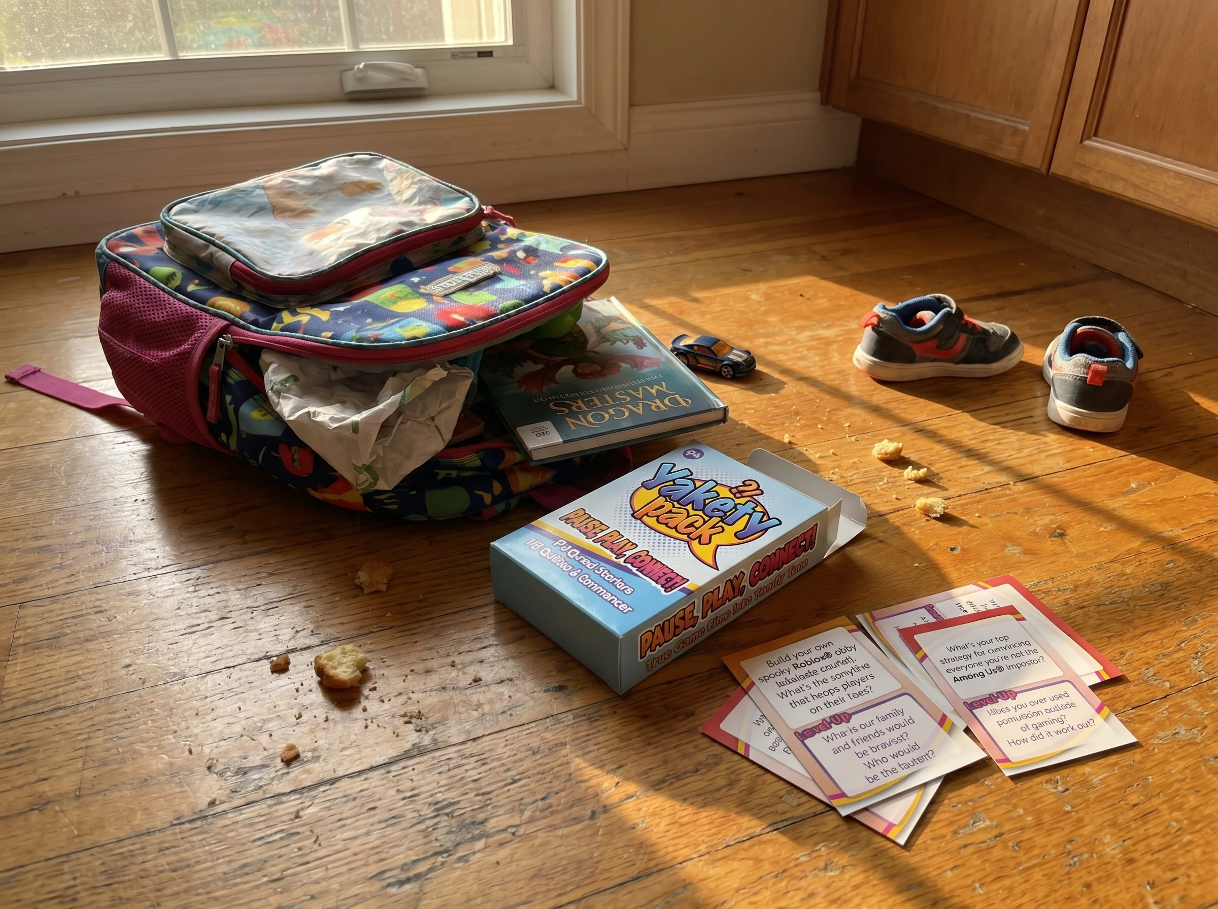 A messy kid's backpack open on the kitchen floor with a forgotten lunchbox and a library book sticking out, morning light, re