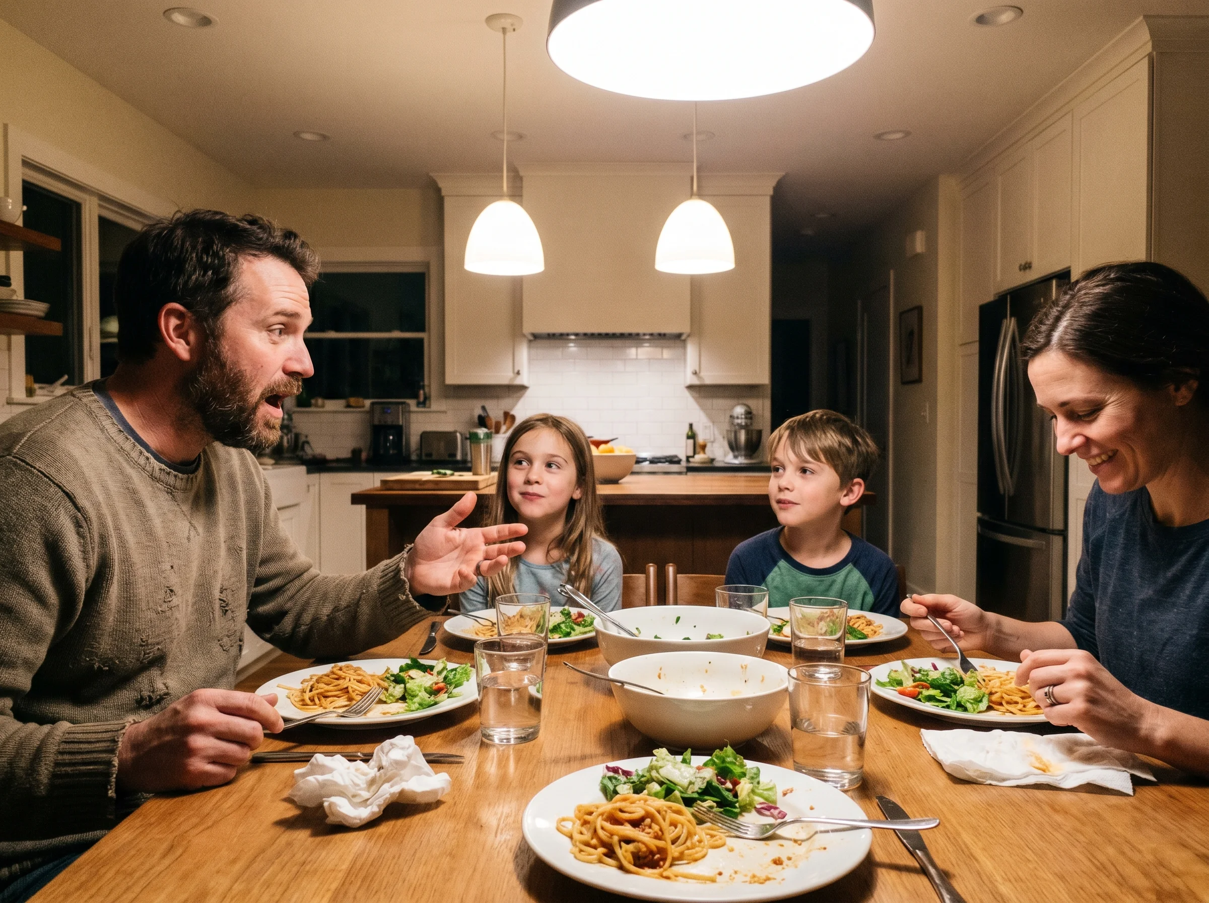A family at the dinner table, dad mid-sentence asking a question, kids listening, warm overhead light, plates half-eaten, rea