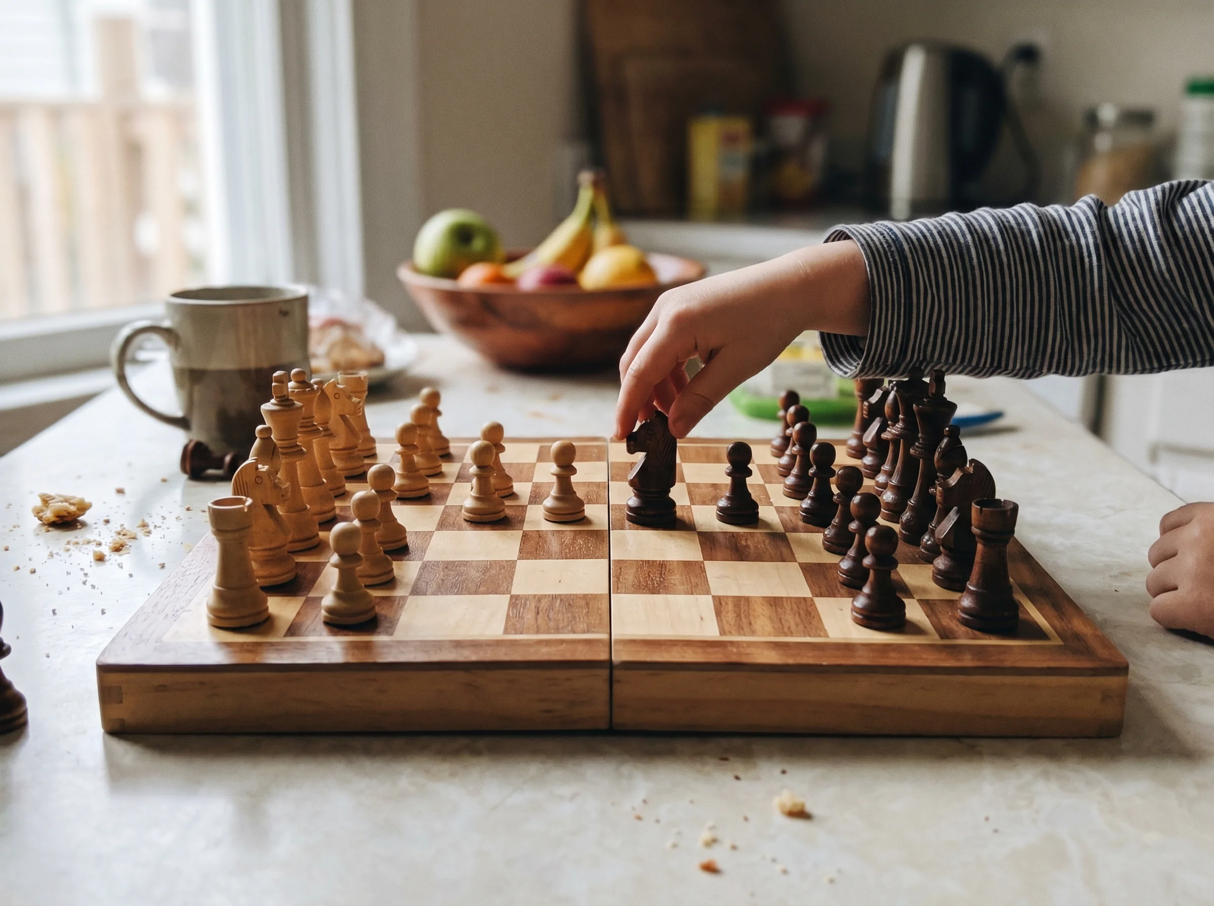 A close-up of a chess board mid-game on a kitchen table with a kid's hand reaching for a knight, soft window light, casual se