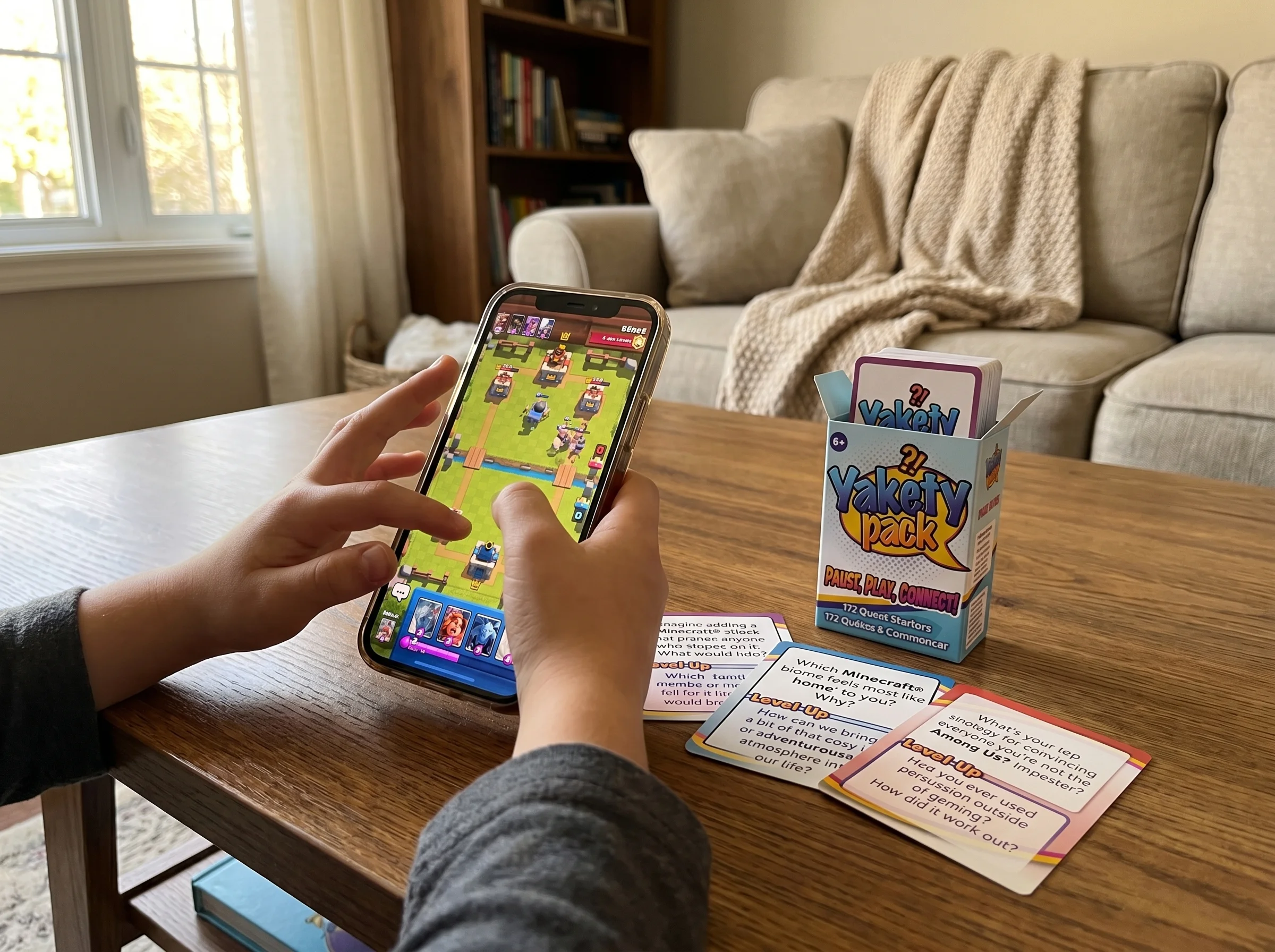 Close-up of a kid's hands holding a phone playing Clash Royale, cards visible on screen, slightly blurry as if mid-tap, casua
