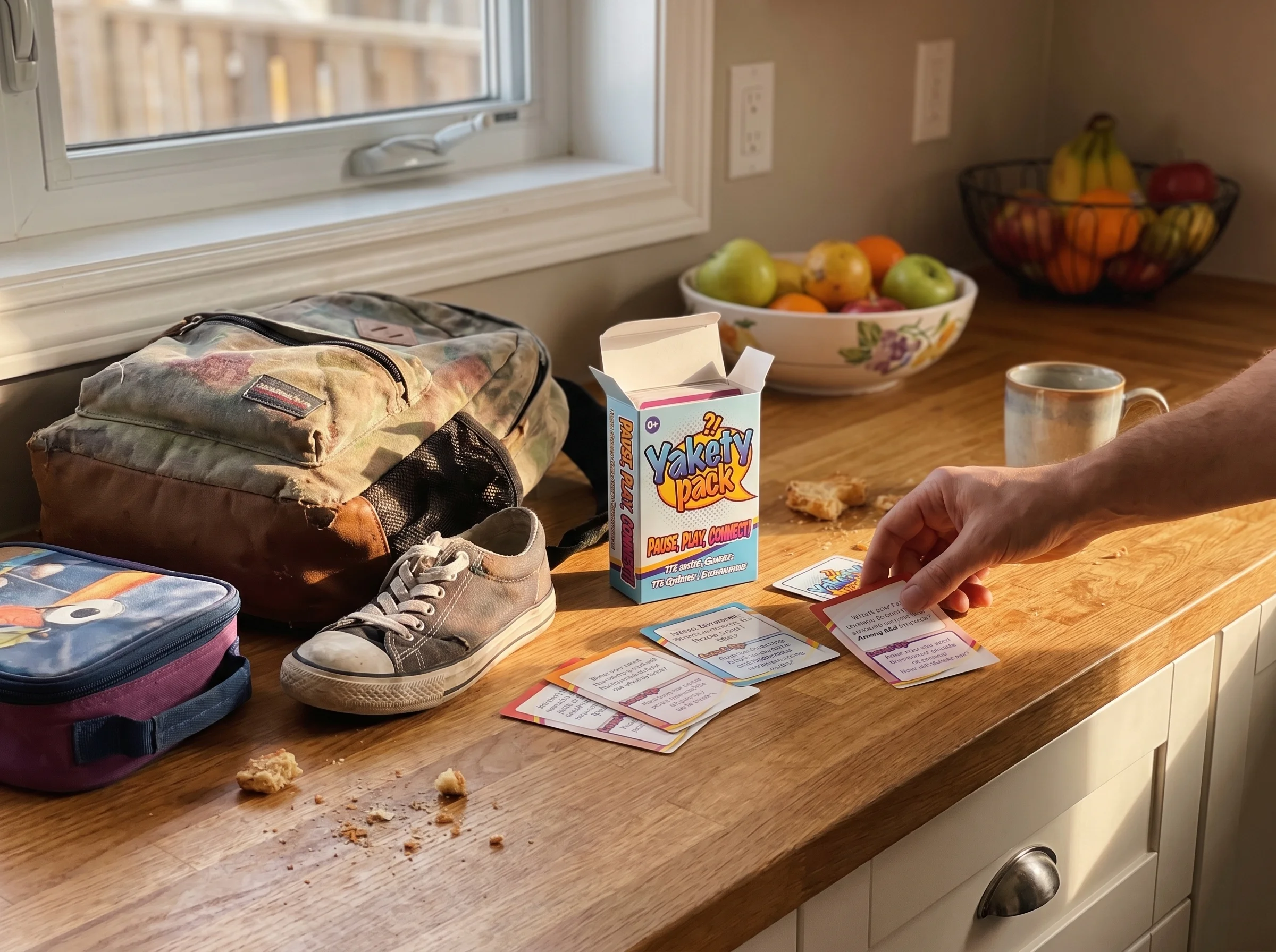 A backpack, single sneaker, and forgotten lunchbox sitting on a kitchen counter in morning light, slightly messy, real and un