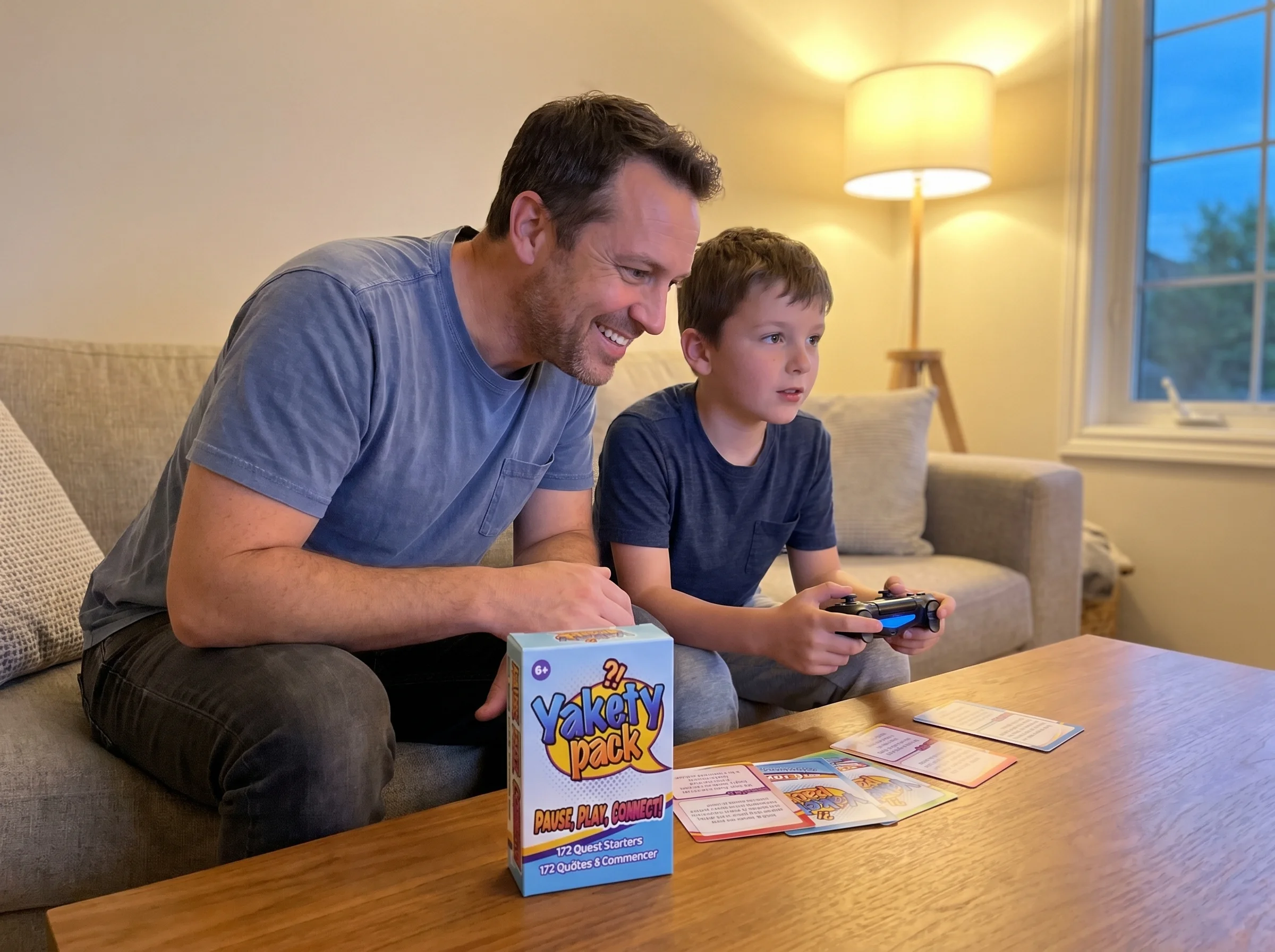 A dad sitting on the couch next to his son who's playing a video game, dad leaning in with genuine interest, no phone in dad'