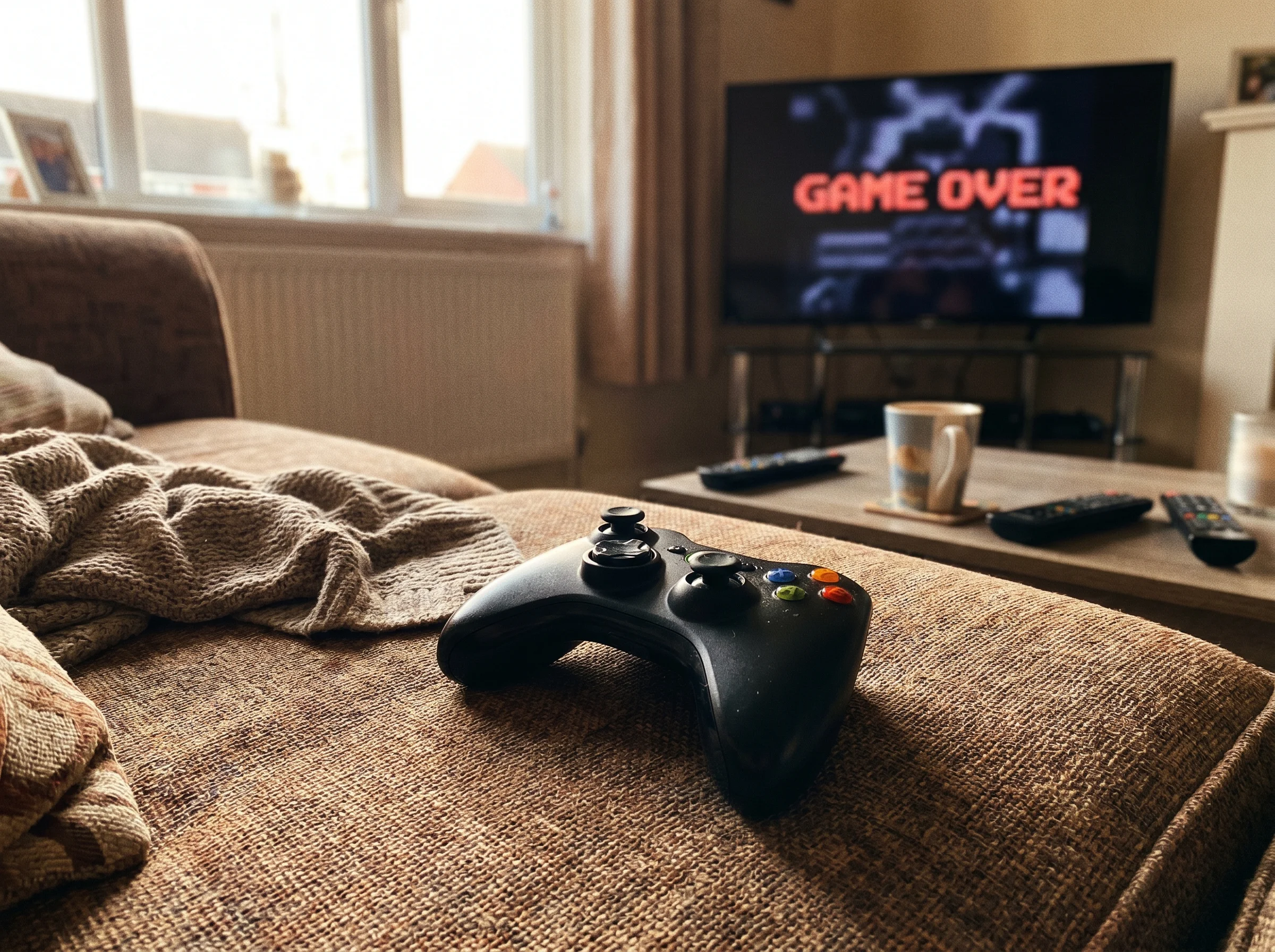 A controller dropped on a couch cushion, TV slightly blurry in background showing a game-over screen, no kid visible in frame