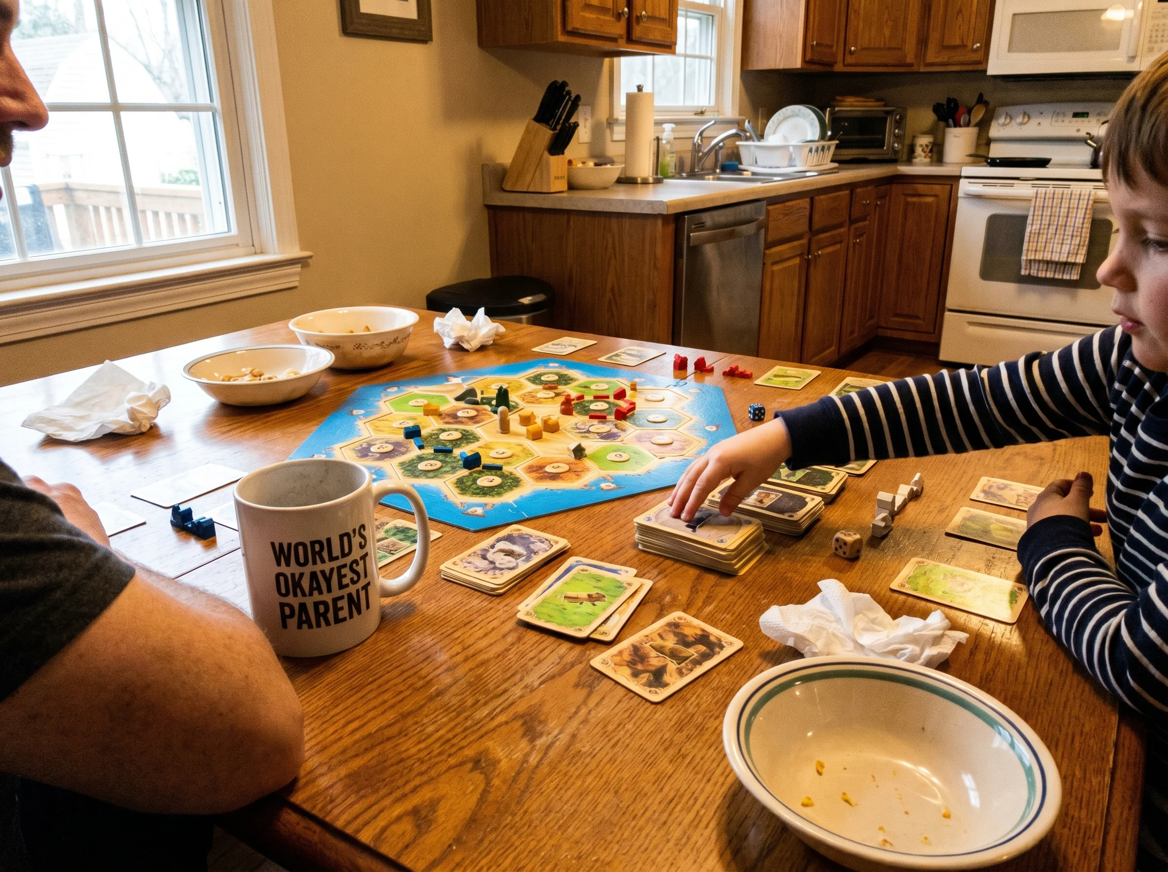 A kitchen table with a Catan board mid-game, kid's hand reaching for a resource card, parent's coffee mug in frame, real fami