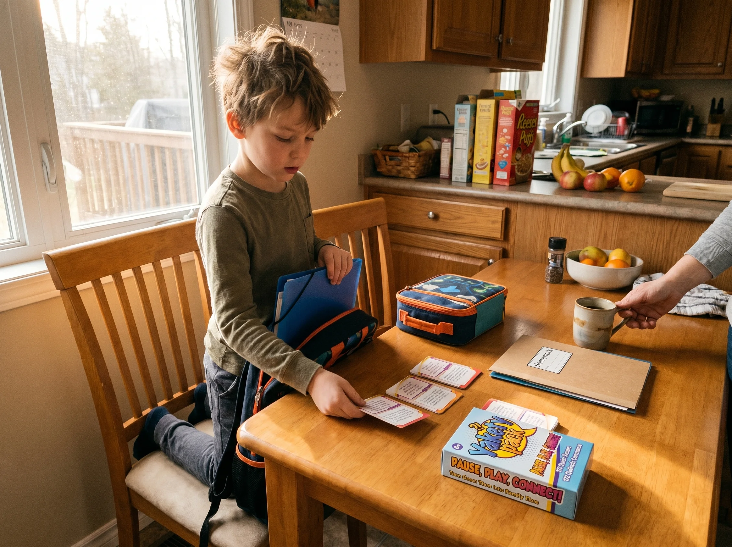 A kid in the morning packing his own backpack at the kitchen table, lunch box and homework folder beside him, focused express