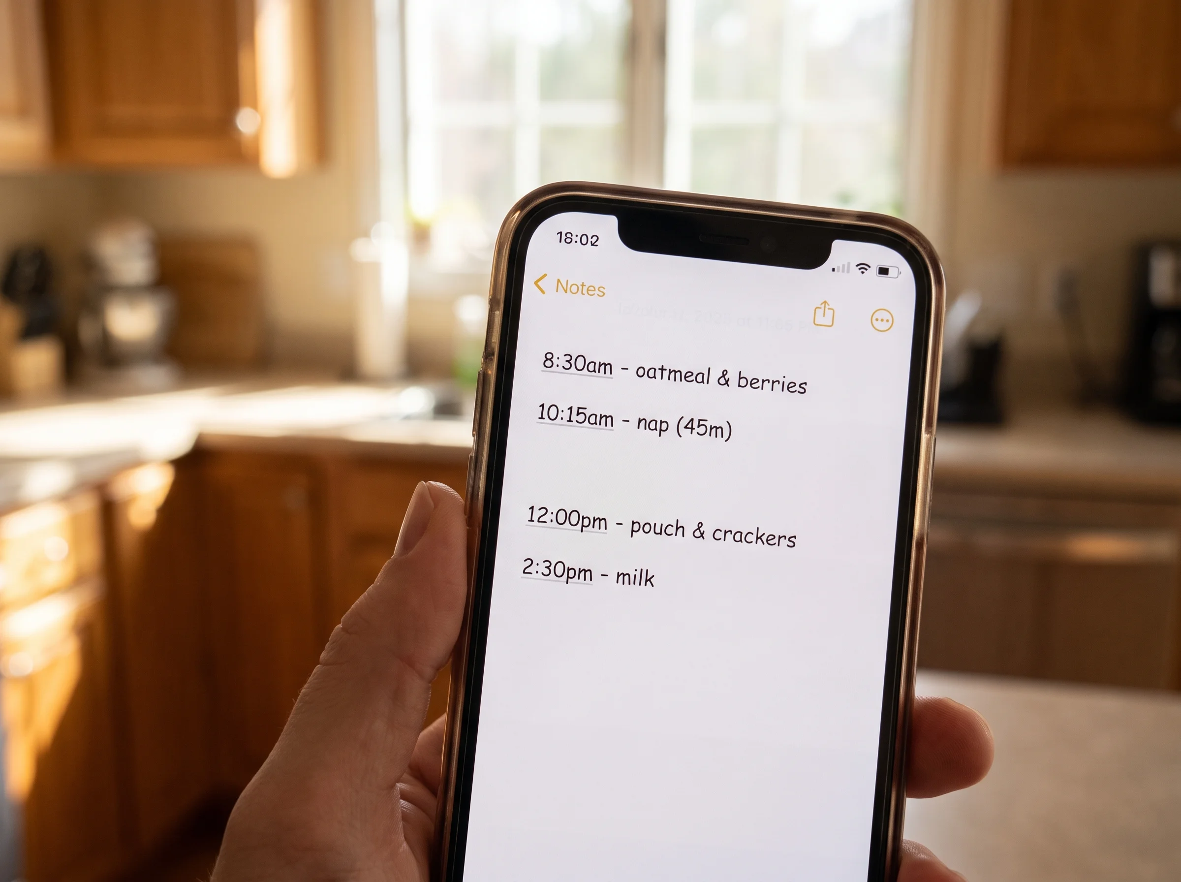 Close-up of a parent's phone notes app with handwritten-style entries logging times, snacks, and sleep, blurry kitchen backgr