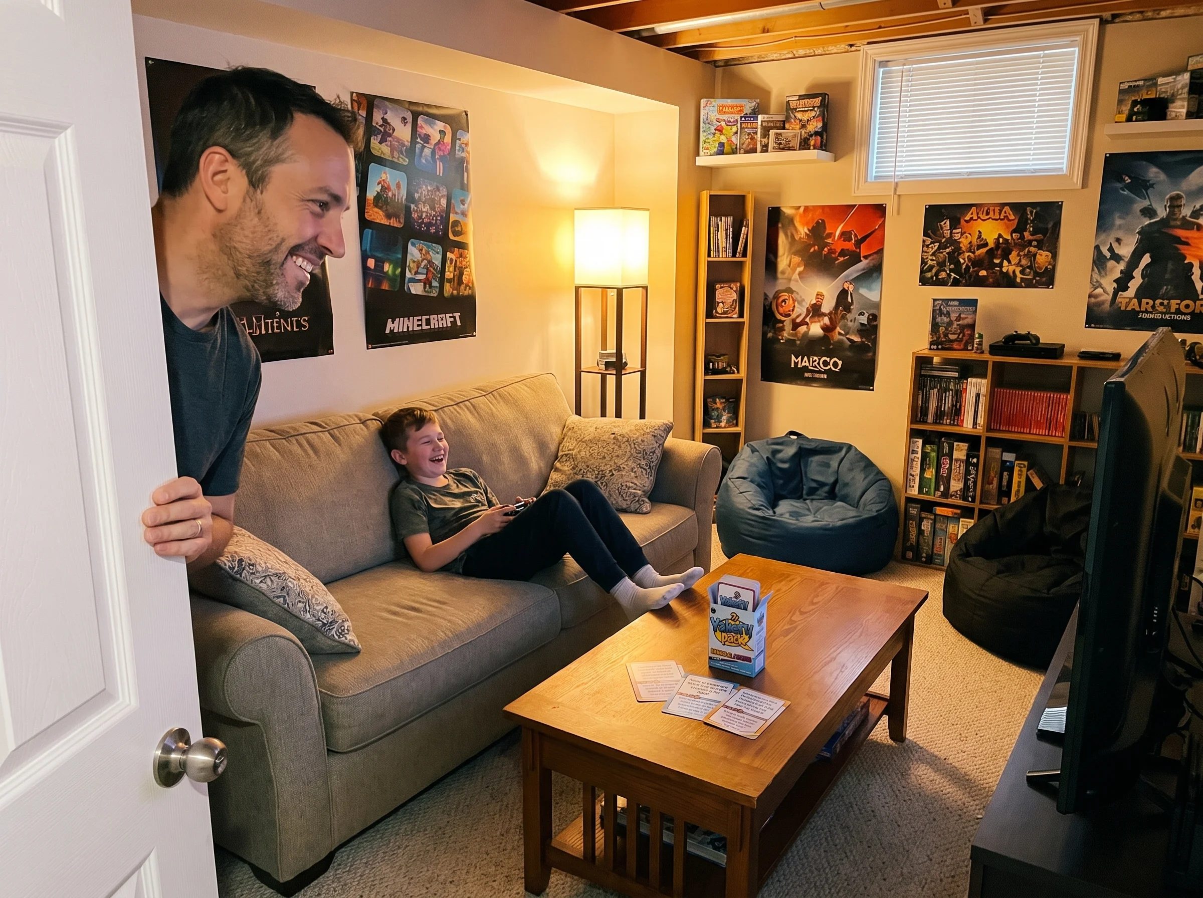 A dad standing in a doorway peeking into a basement game room, son on the couch playing, casual relaxed moment, warm lamp lig