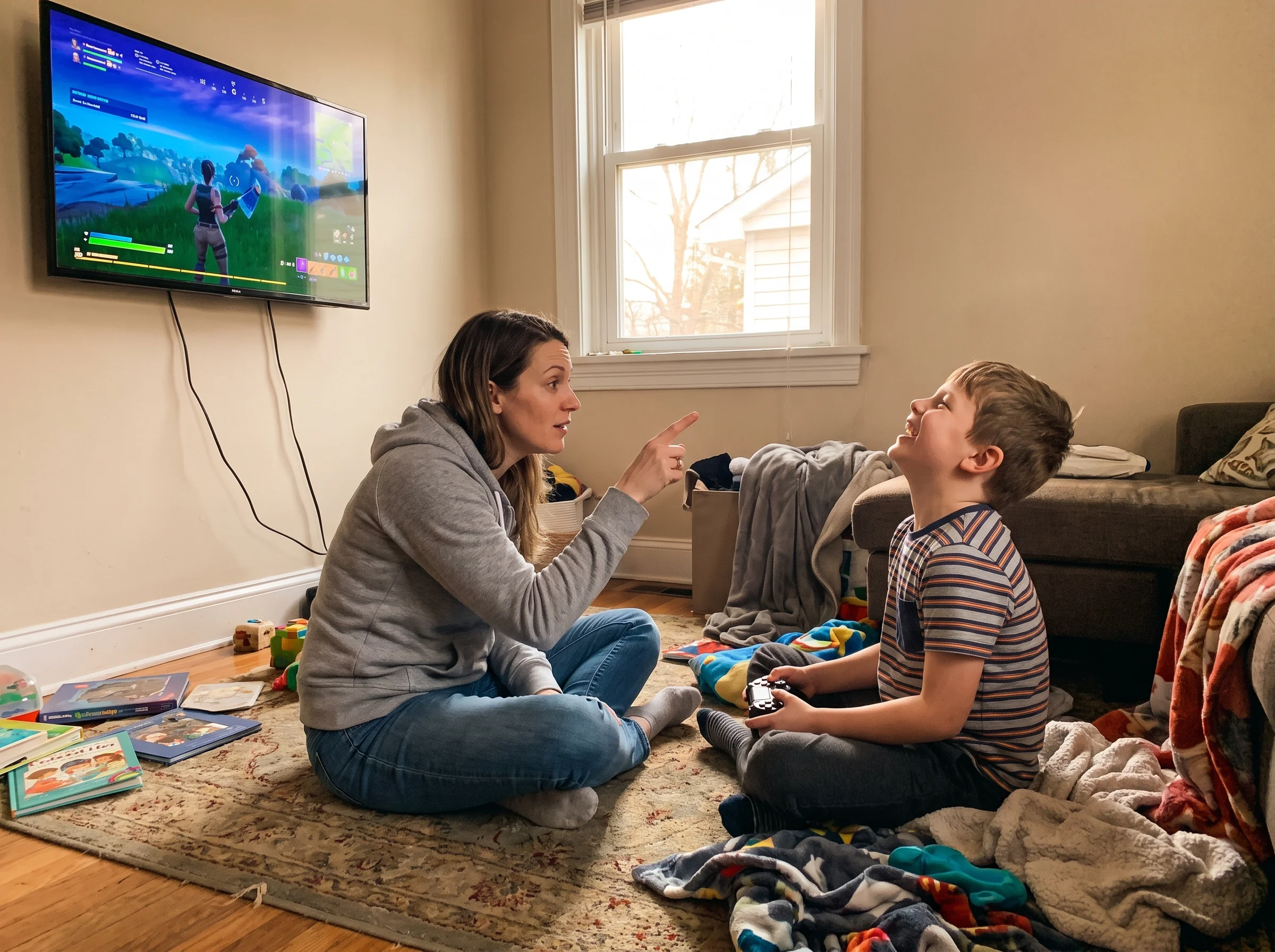A mom sitting next to her son on the floor, both looking at the TV screen mid-Fortnite match, mom pointing curiously at somet