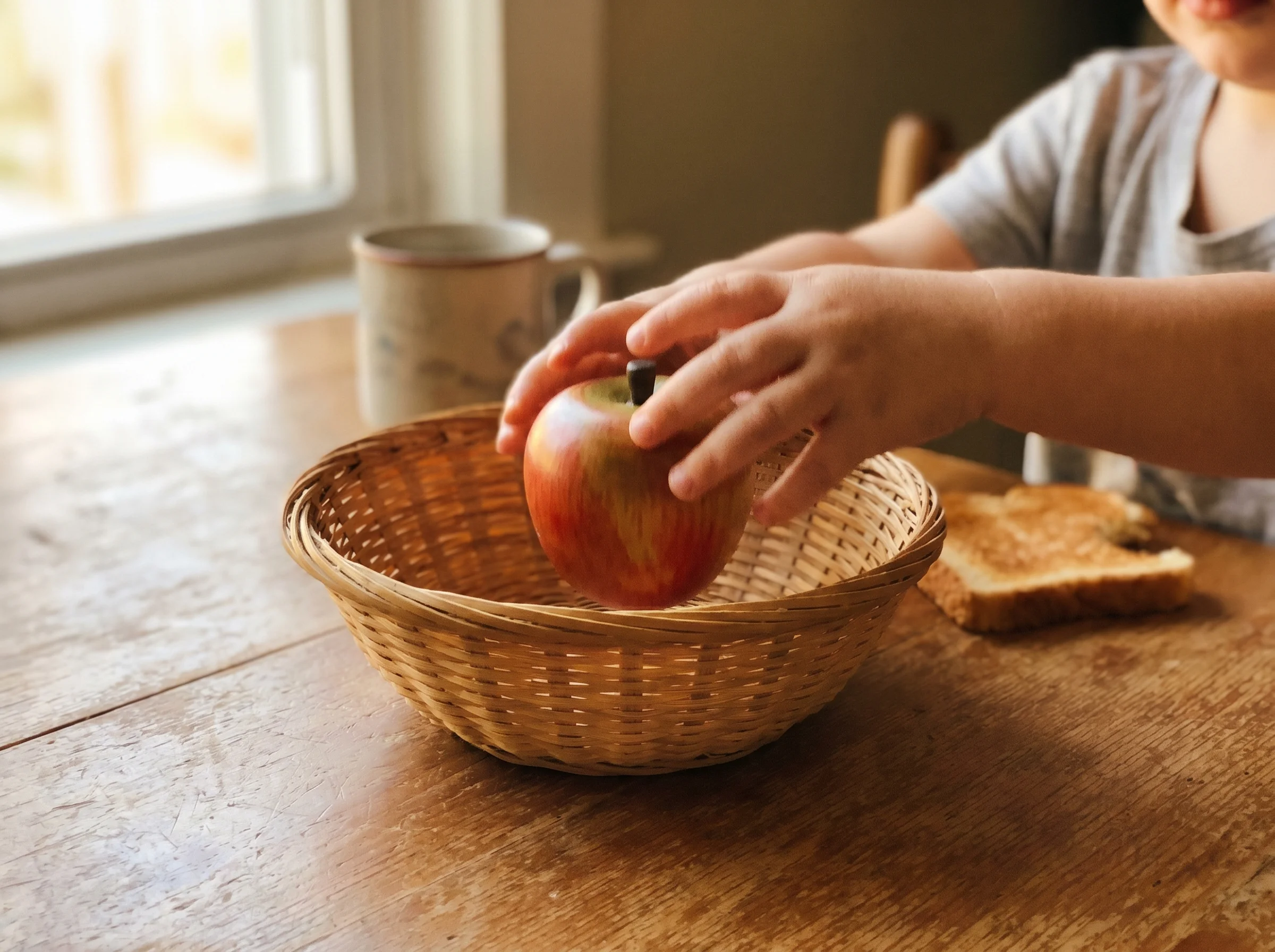 Close-up of small hands carefully placing a wooden fruit piece into a basket on a kitchen table, natural light, slightly blur