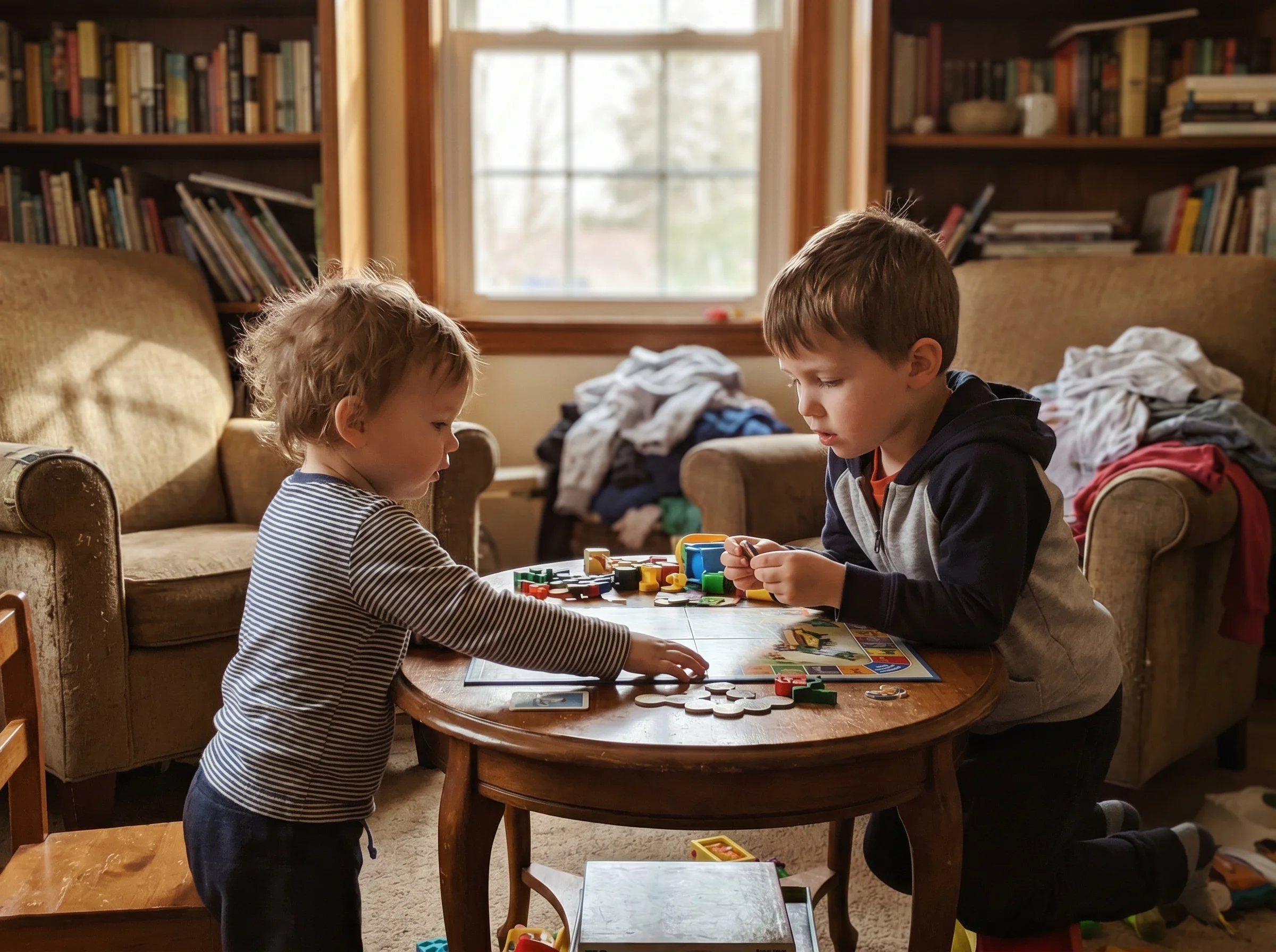 Two kids of different ages, a toddler and a preschooler, sitting at a small kid-sized table mid-game, one looking focused and