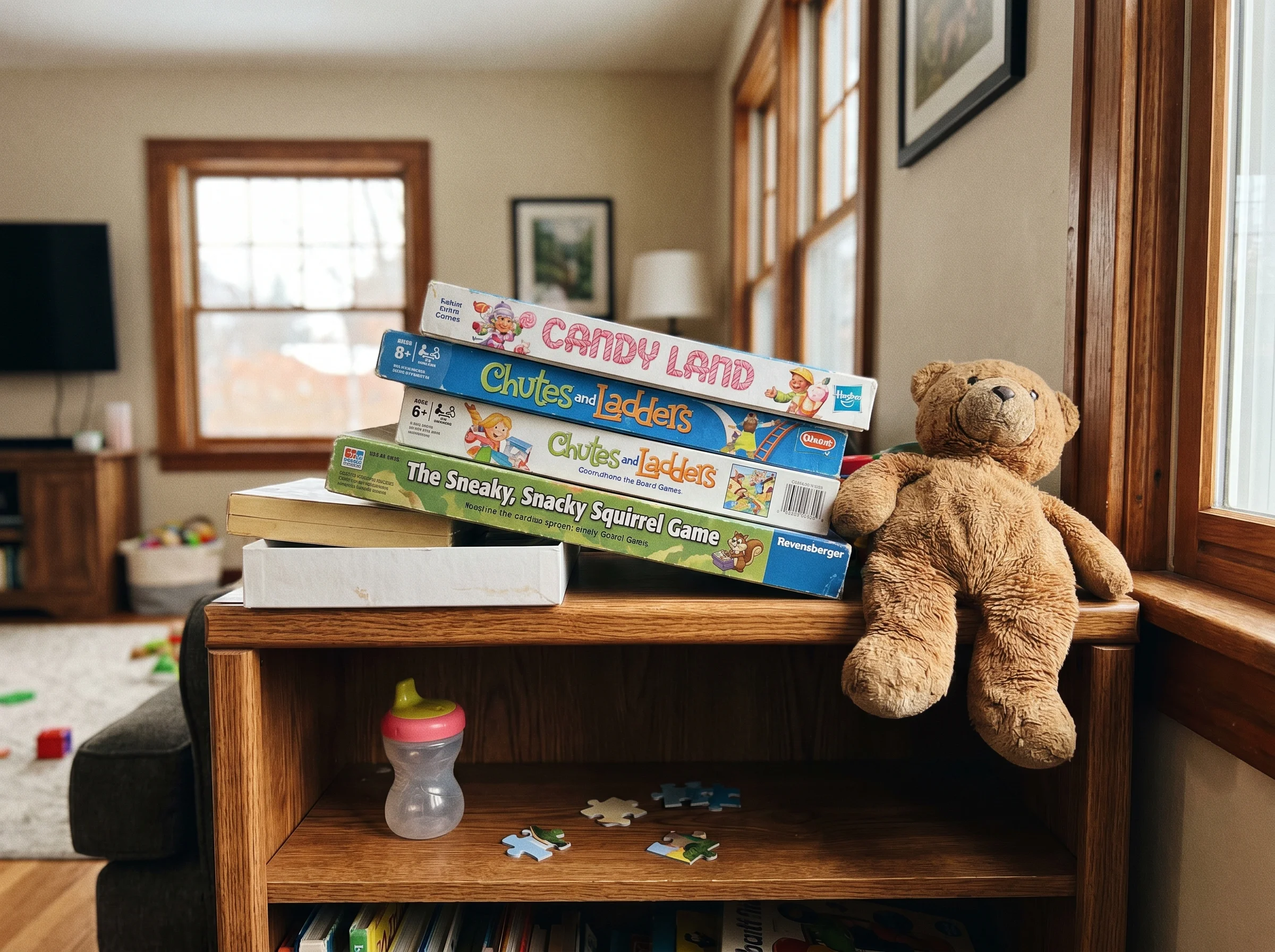 A collection of toddler board games stacked on a shelf next to a stuffed animal, slightly messy, real home environment