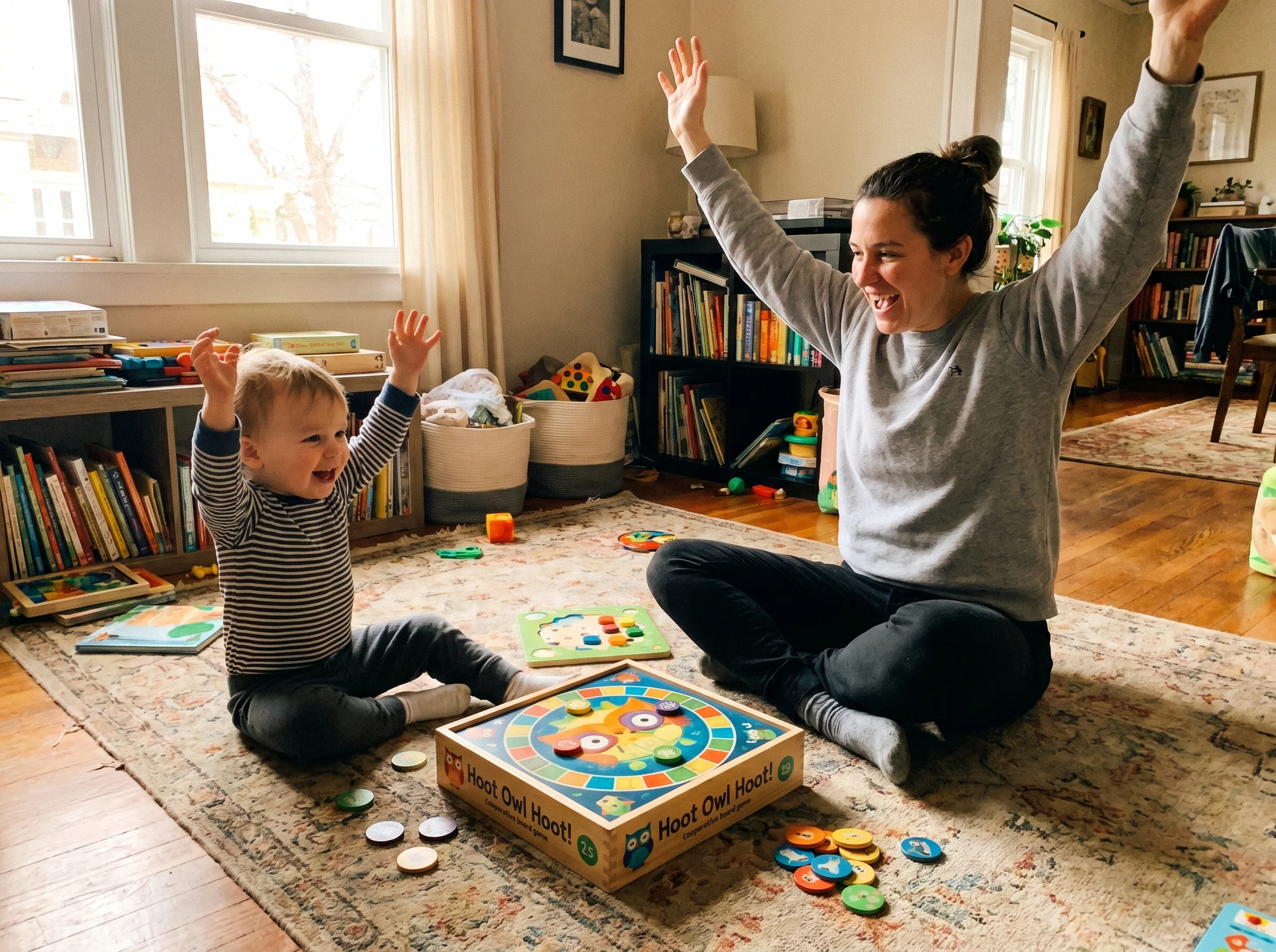 A parent and toddler sitting on the floor with arms up in celebration, a cooperative game board between them, joyful candid m