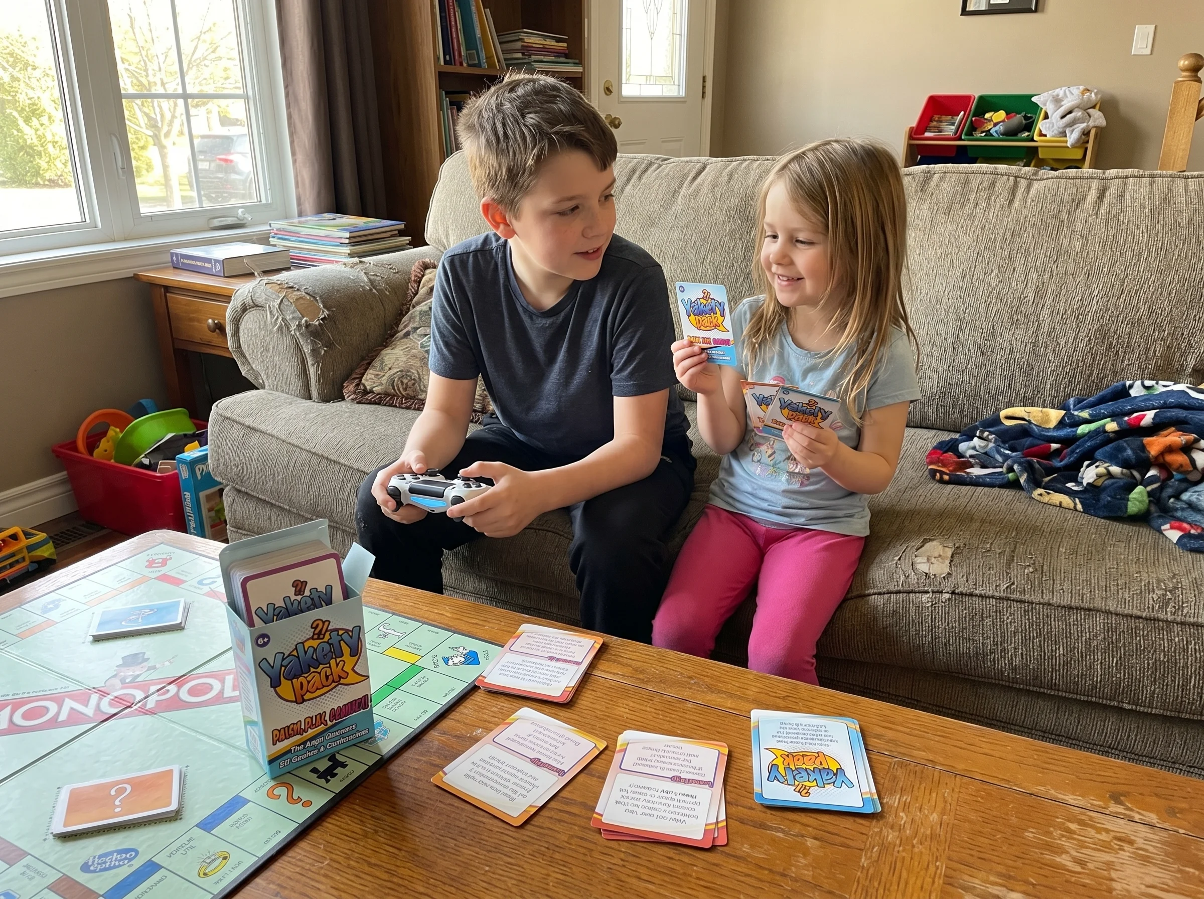 An older kid and a younger sibling sitting together on a couch with a game controller and a board game on the coffee table, s