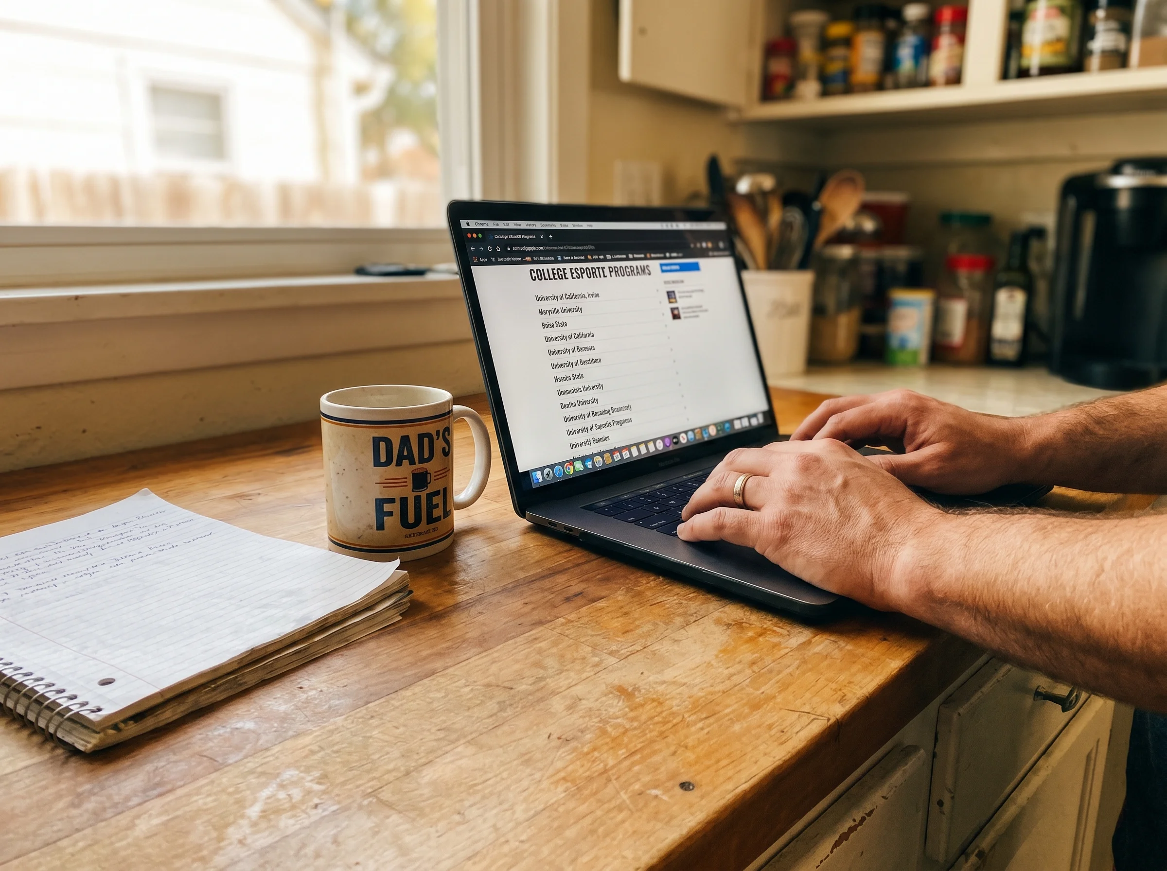 A laptop screen showing a list of college esports programs with a coffee mug and notebook on a kitchen counter, dad's hands t