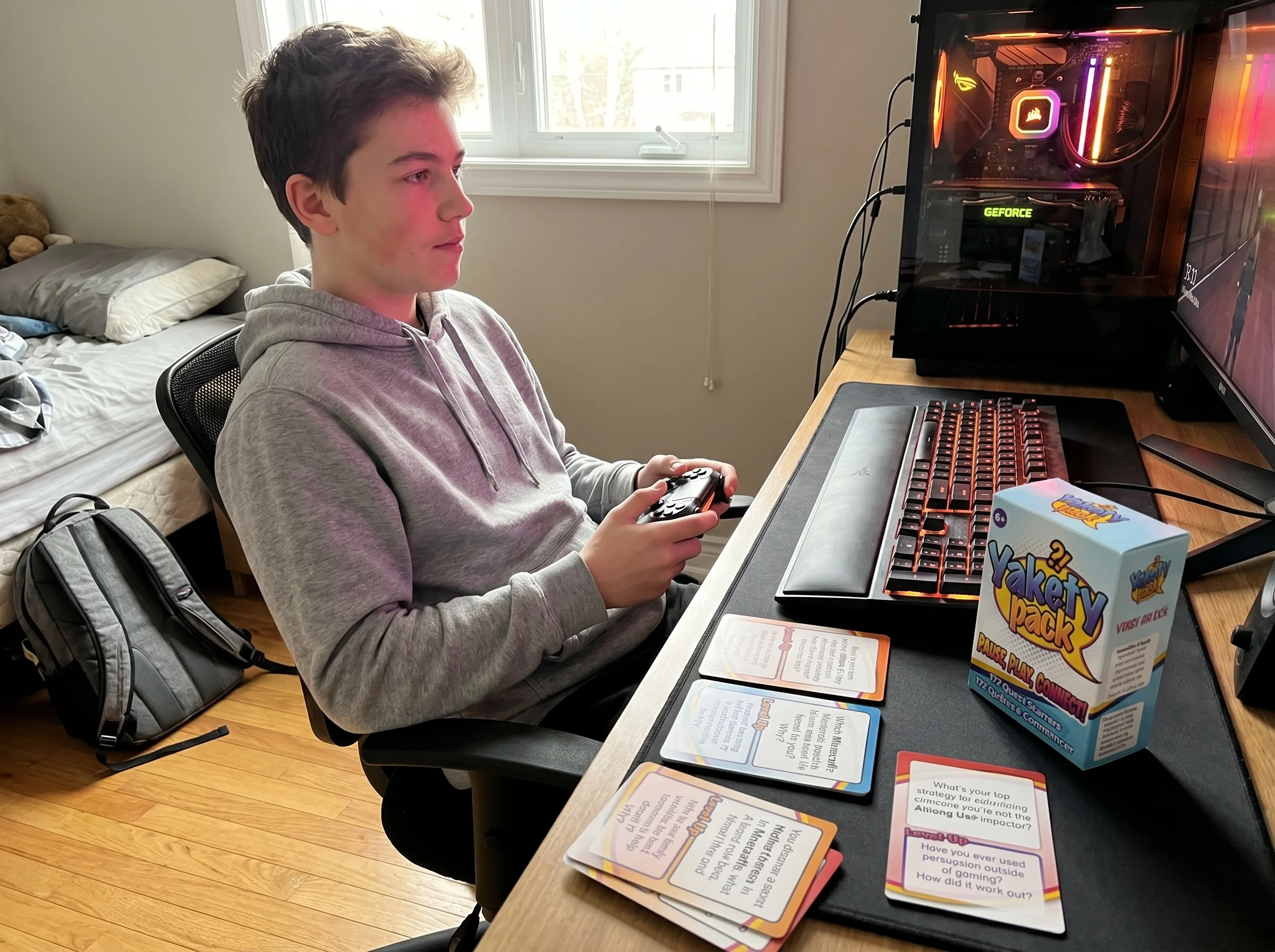 A teen boy in a hoodie at his gaming setup with RGB lights, focused on screen, controller in hands, bedroom slightly messy wi