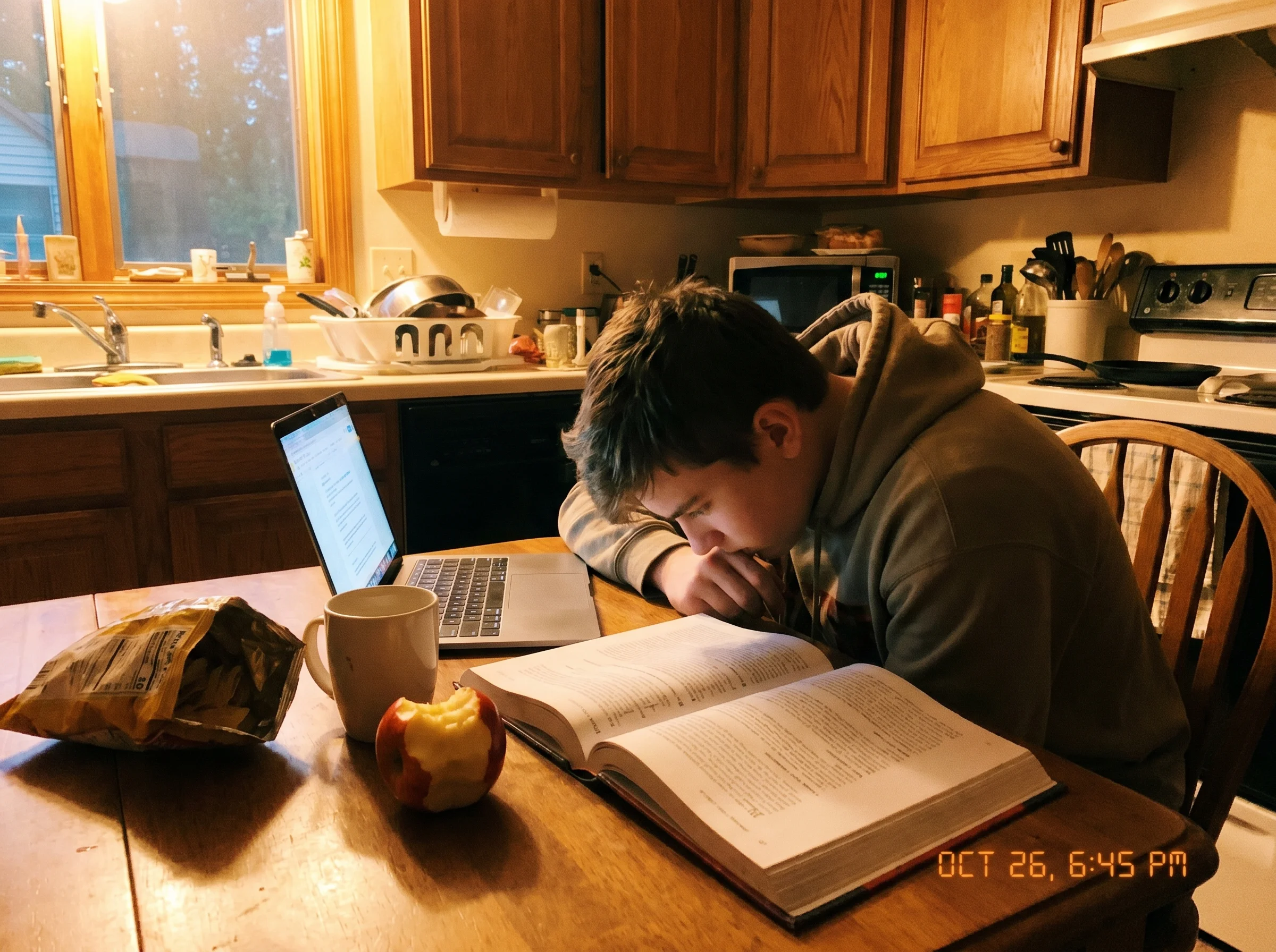 A teenager at a kitchen table with an open textbook and laptop, half-eaten snack next to him, doing homework in evening light