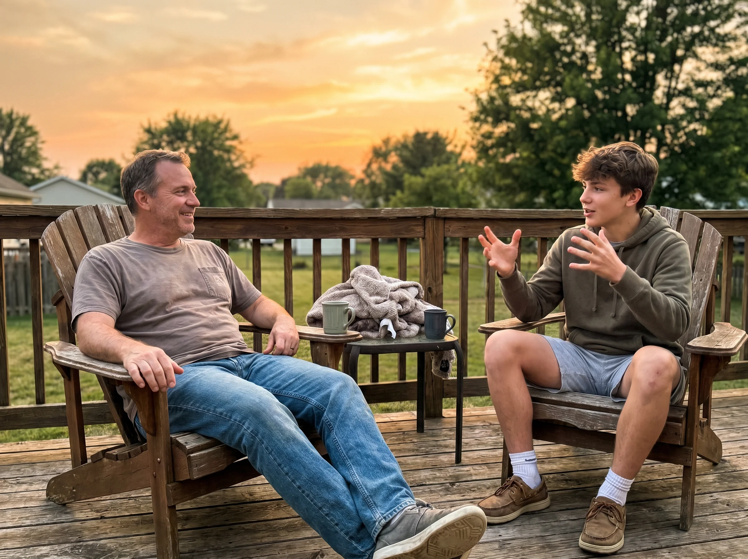A father and teenage son talking on the back porch at sunset, both relaxed, son gesturing with his hands as he explains somet