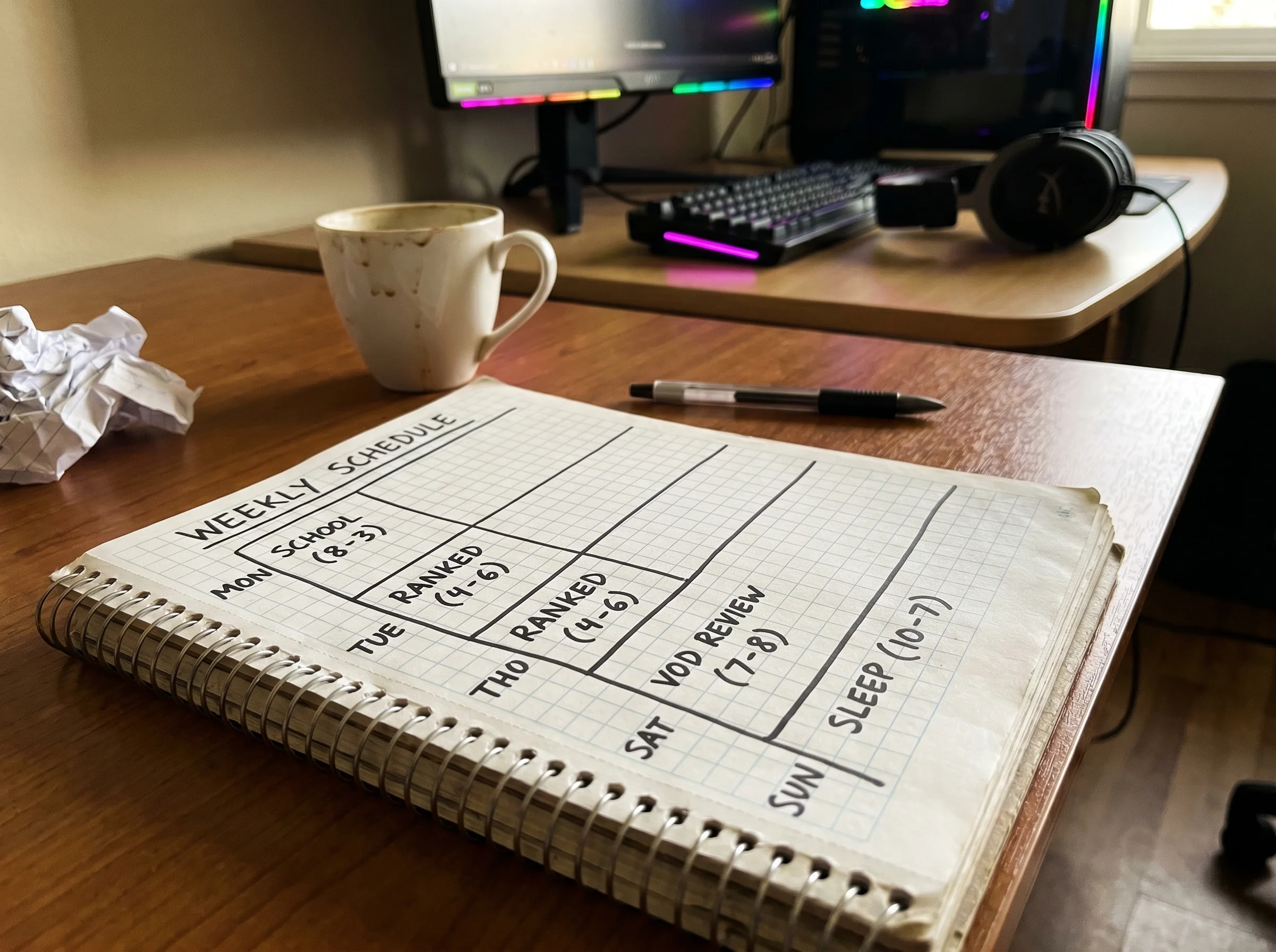 A whiteboard or notebook on a desk showing a weekly practice schedule with times blocked out for school, ranked, VOD review, 