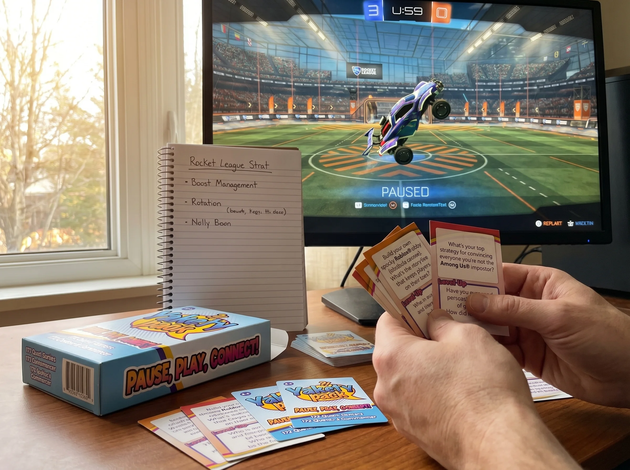 Close-up of a Rocket League replay paused on a monitor with handwritten notes on a notepad nearby, soft window light