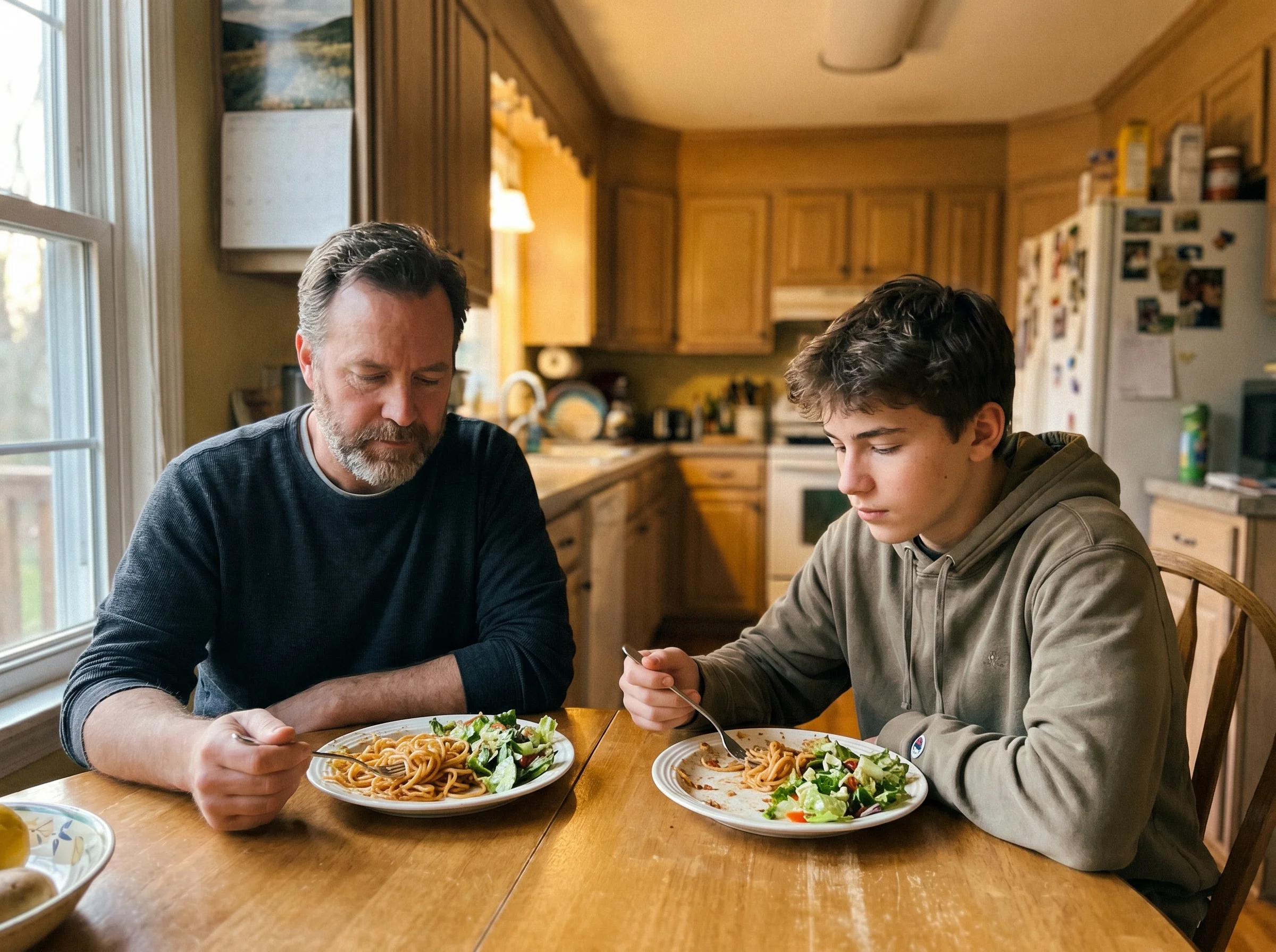 Father and teenage son sitting across a dinner table, plates half full, both looking down at their food, candid quiet moment