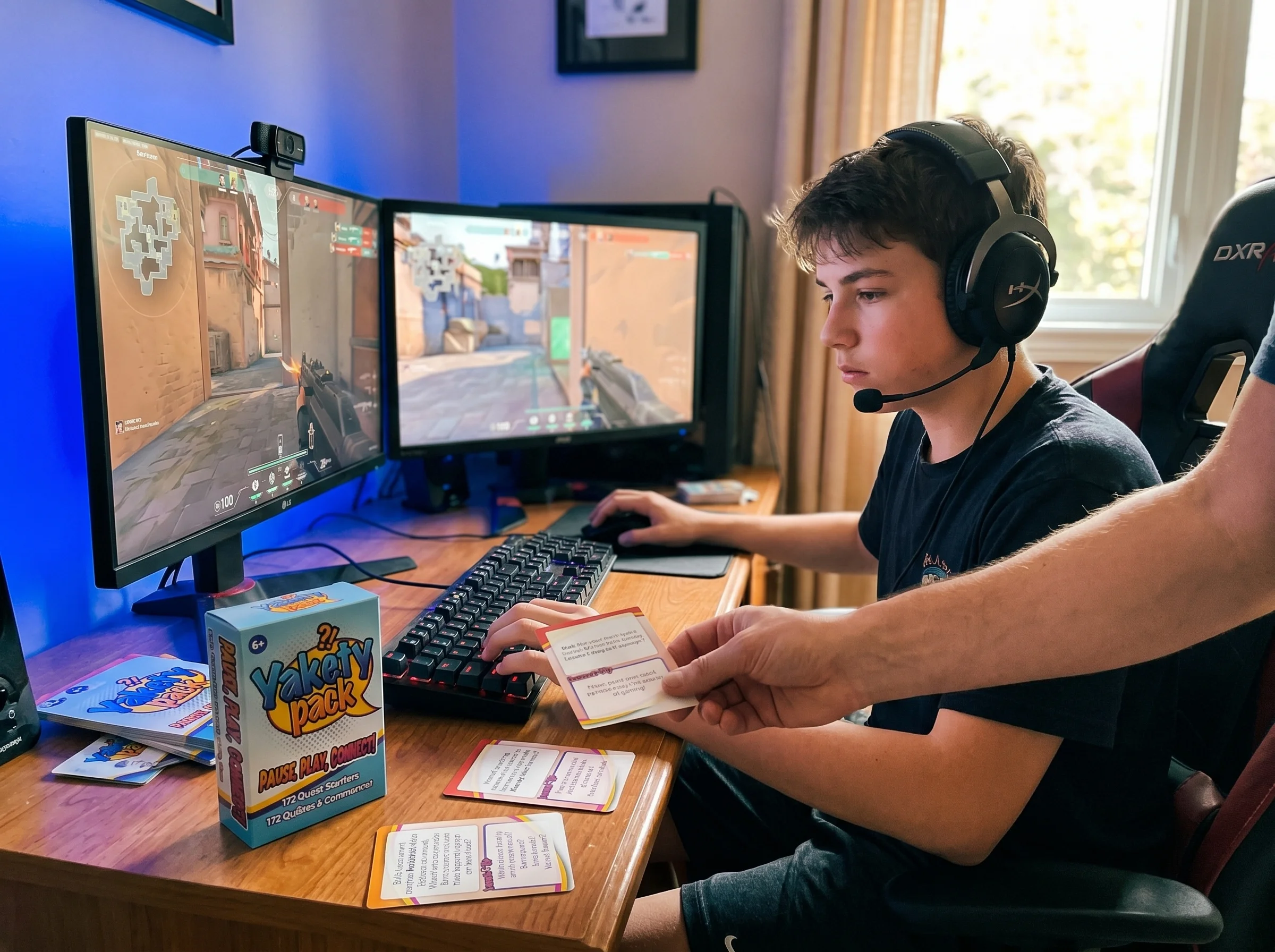 Teen gamer at a desk wearing a headset, two monitors showing Valorant gameplay, ambient blue light, focused expression