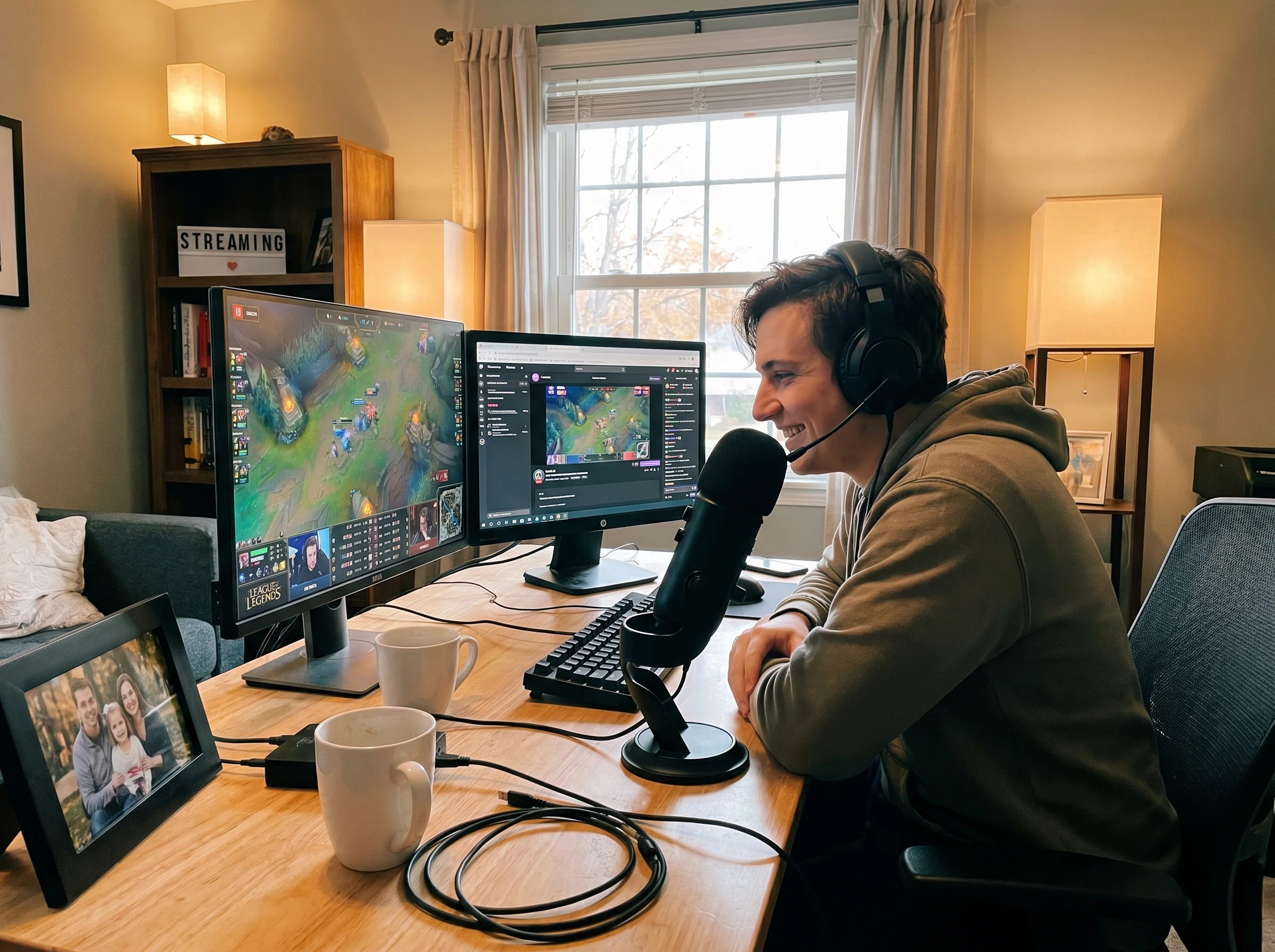 Young adult at a broadcast desk with a microphone and dual monitors, casting an esports match, headphones on, soft studio lig