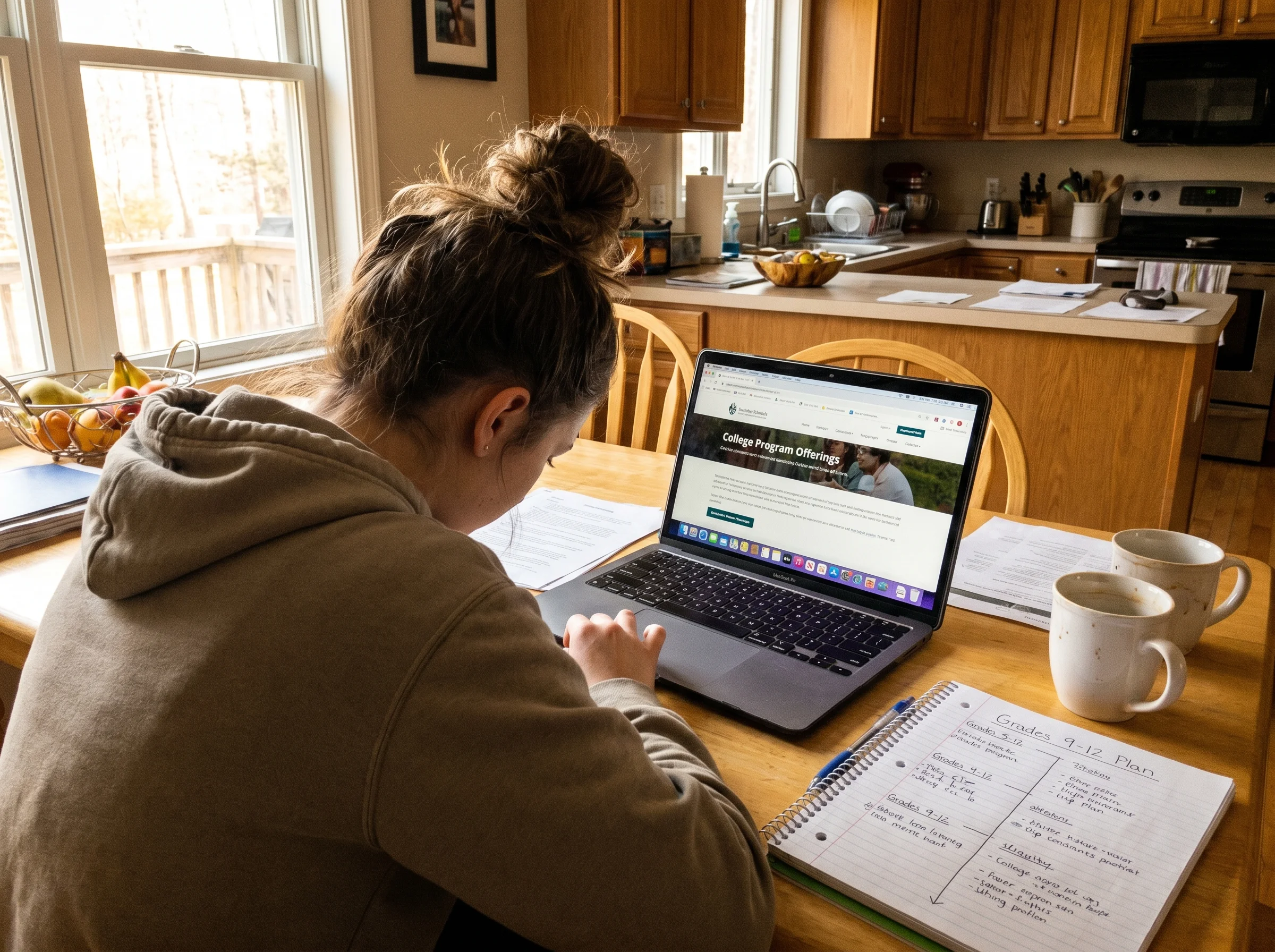 High school student at a kitchen table with a laptop open to a college program list, notebook with a handwritten timeline of 