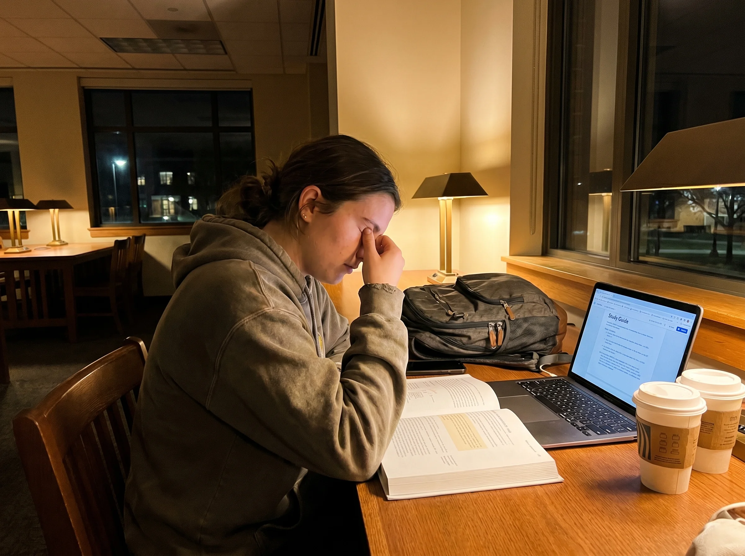 College student at a campus library desk with a textbook open next to a laptop, late evening, slightly tired but focused
