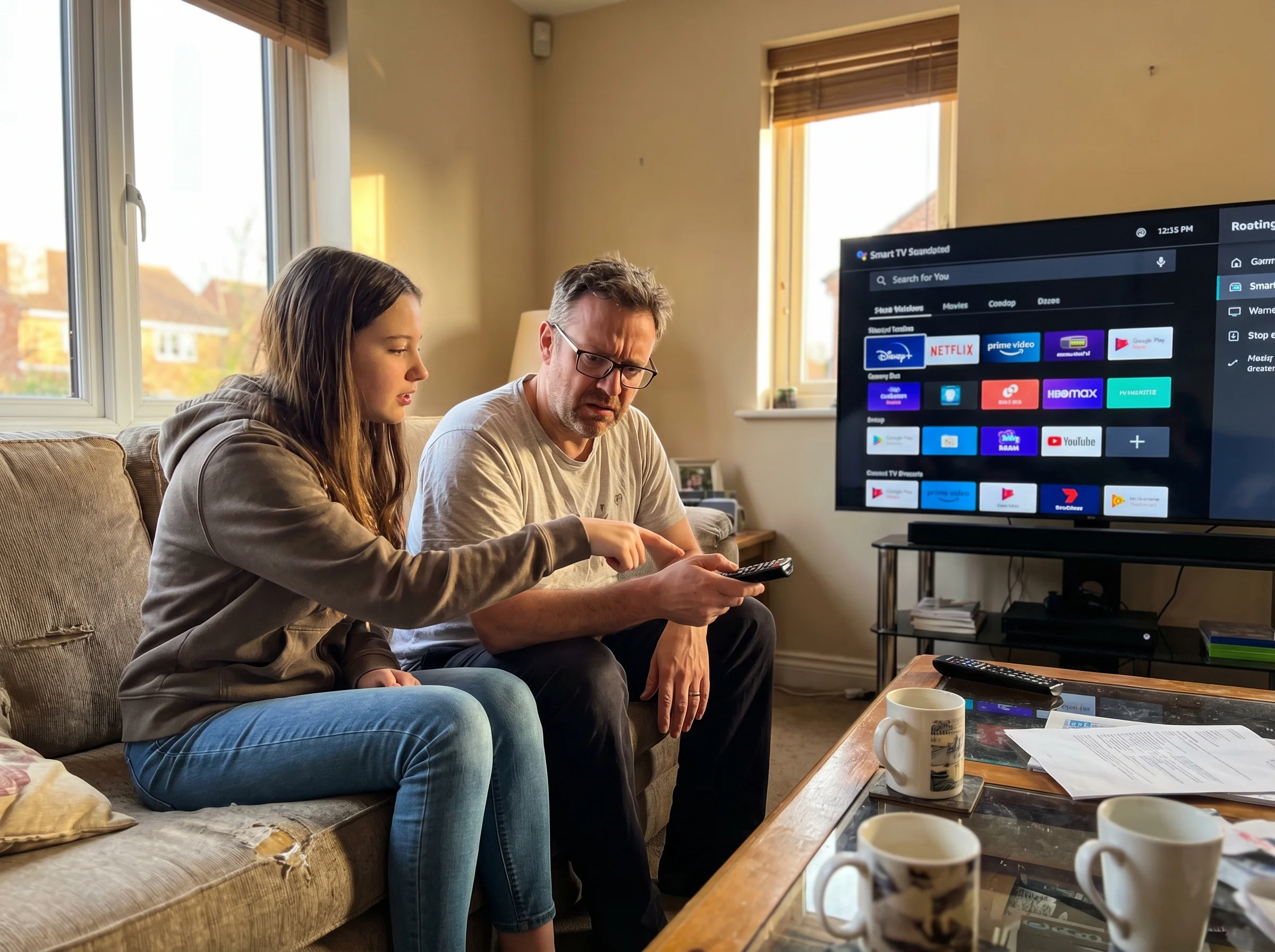 Teenager patiently showing dad something on the TV screen, pointing at the controller buttons, dad looking confused but engag