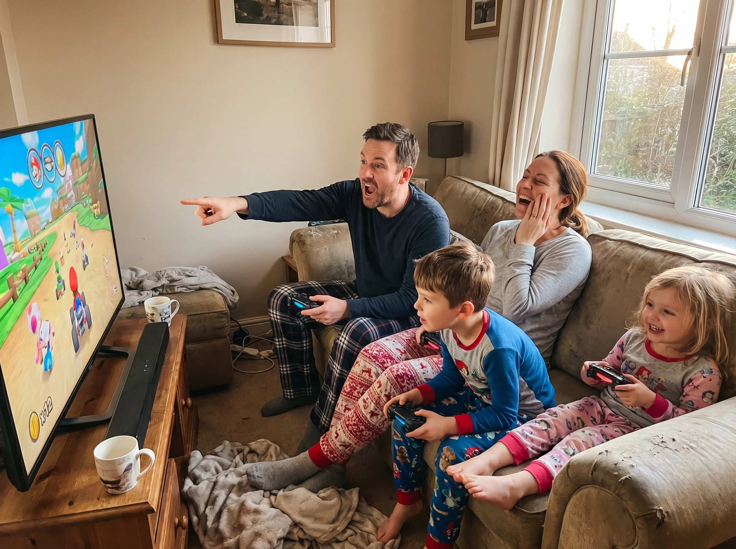 Family of four crowded around a TV, all holding controllers, mid-game with animated expressions - someone pointing at the scr