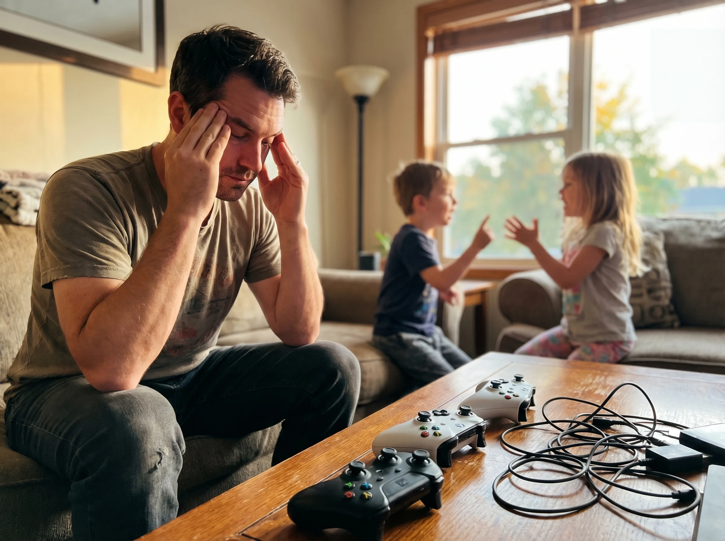 Dad holding his head in his hands while two kids argue in the background, game controllers scattered on the coffee table