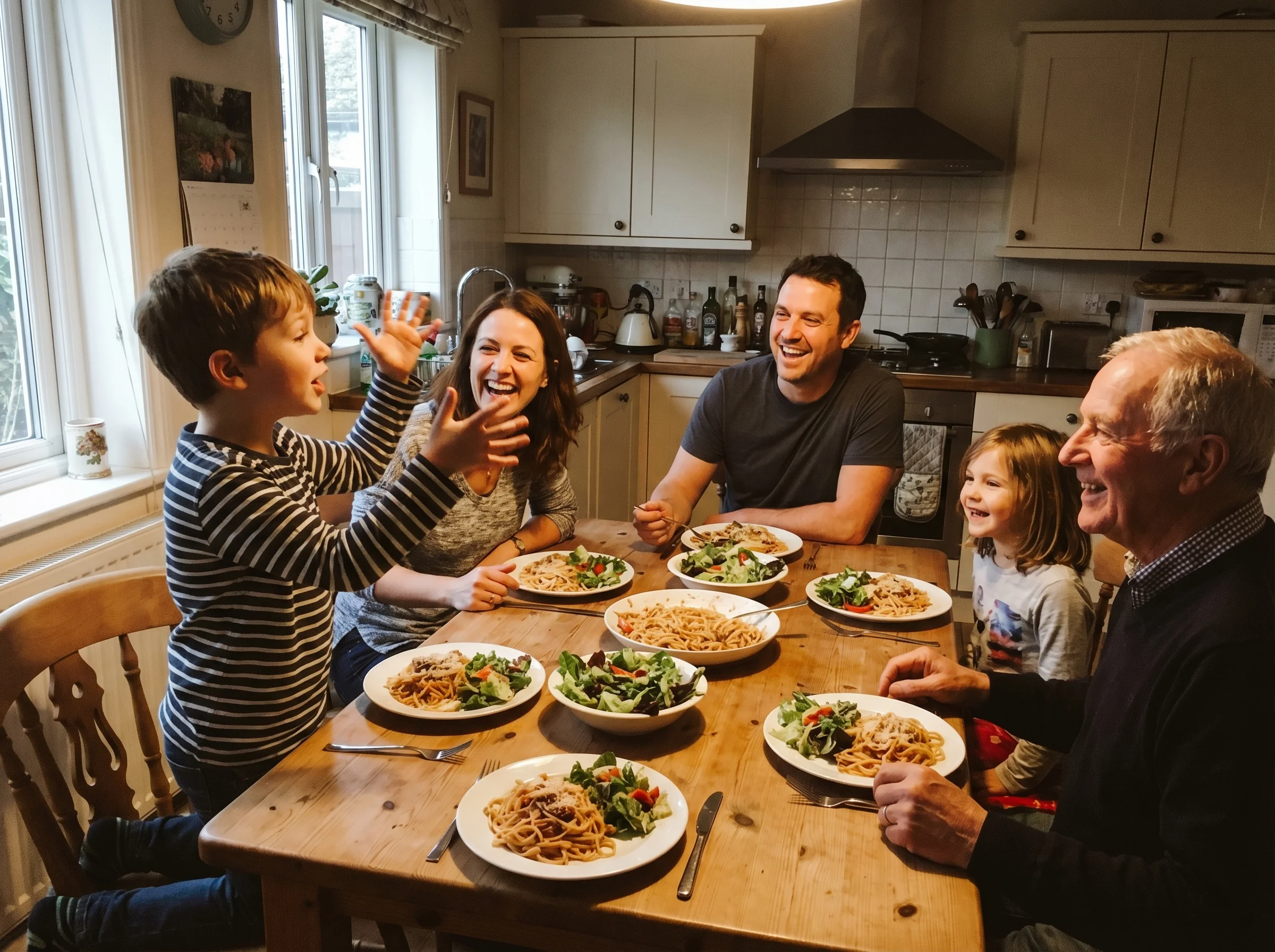 Family at dinner table, one kid animatedly telling a story with hand gestures while others listen and laugh