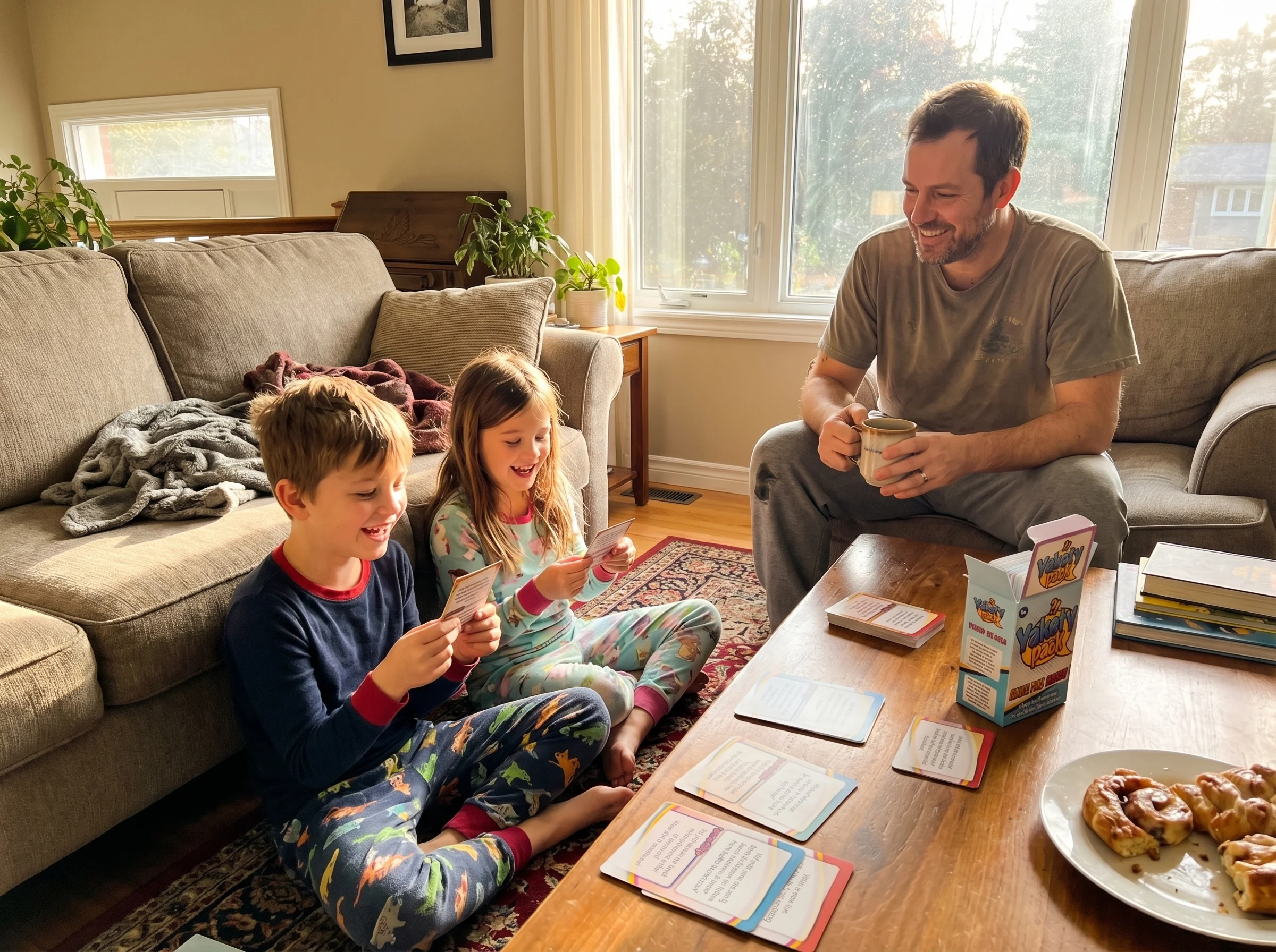 Living room on a lazy Sunday morning, kids in pajamas playing games while dad sits with coffee, sunlight streaming through wi