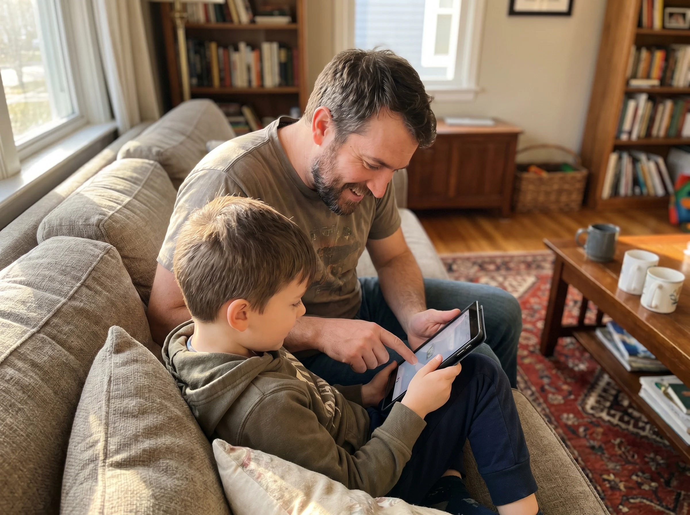 A dad sitting on the couch next to his son, both looking at a tablet together, the dad leaning in with genuine curiosity, cas