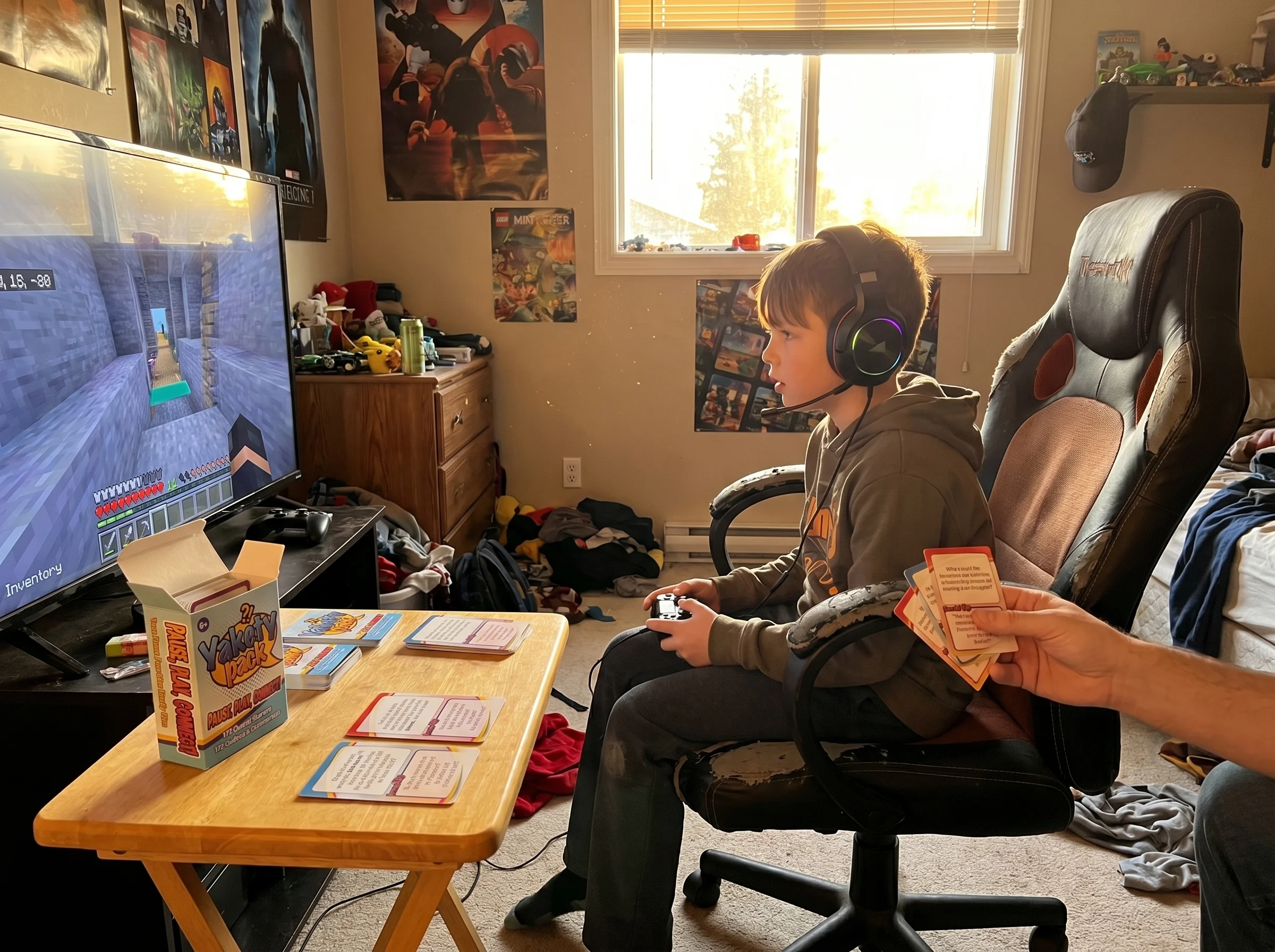 A kid wearing headphones playing a multiplayer game on a console in his bedroom, focused on the screen, gaming chair, late af