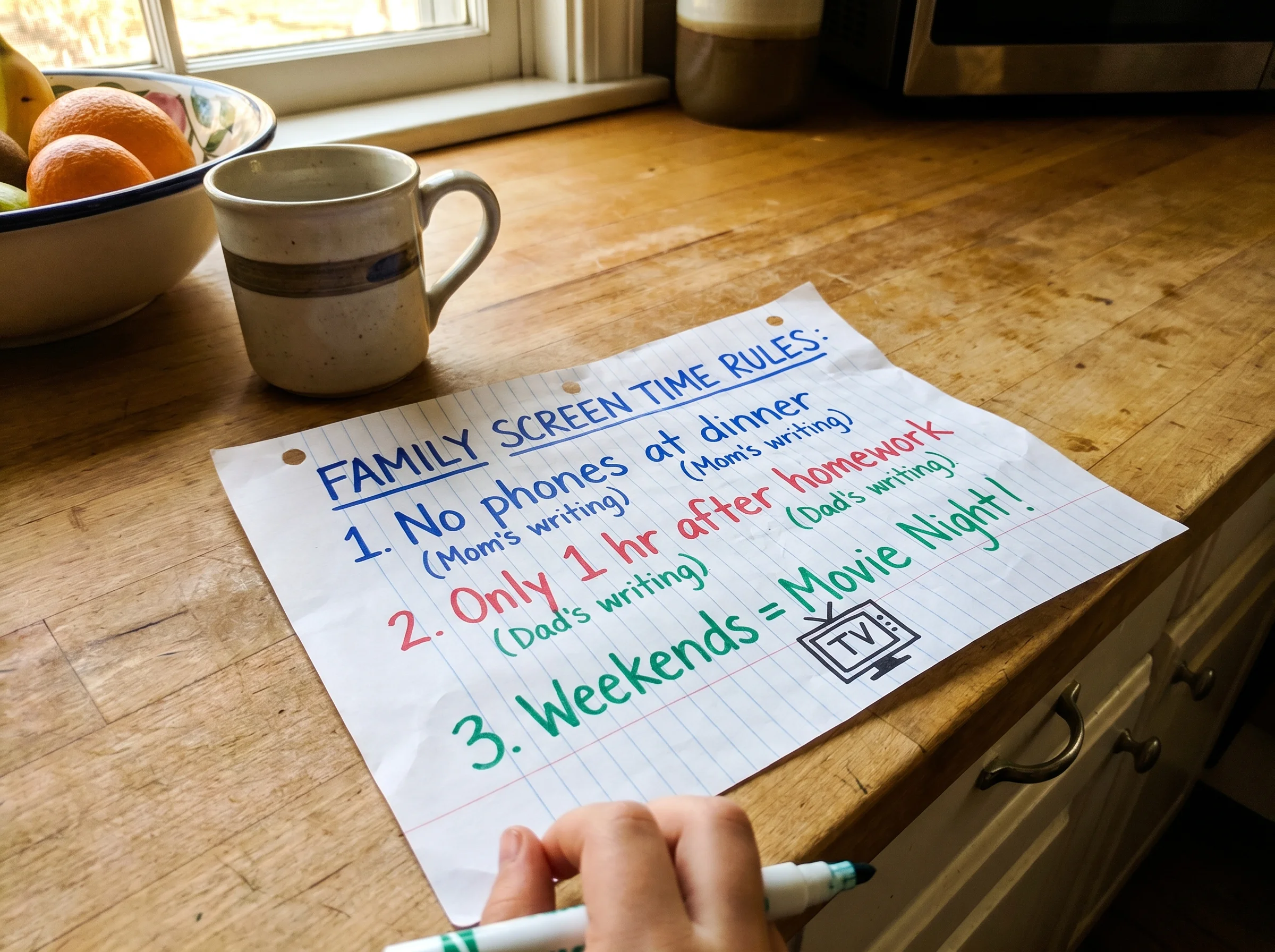 A piece of notebook paper on the kitchen counter with handwritten family screen time rules in different colored markers, kid'