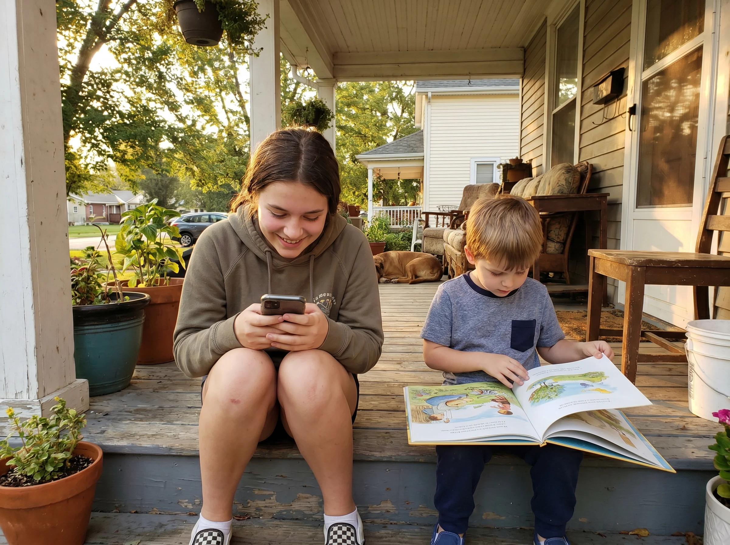 Two siblings of different ages sitting on the front porch, the older one on a phone, the younger one with a book, casual sibl